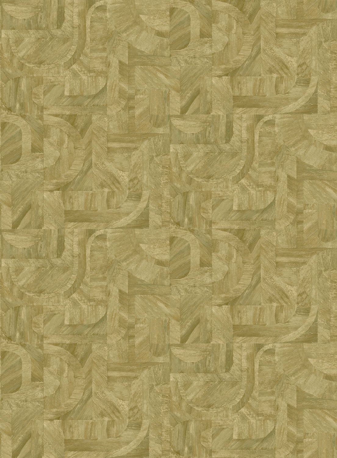 Geometrische structuurbehang dat hout imiteert met mozaïekpatroon INTARSIA - CACTUS olijfgroen
