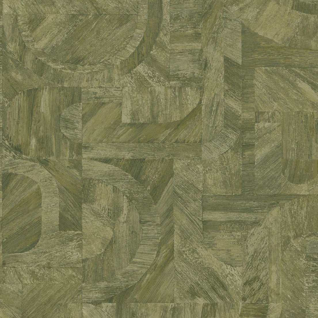 Geometrische houten structuur behang met mozaïekpatroon INTARSIA - KAKI groen