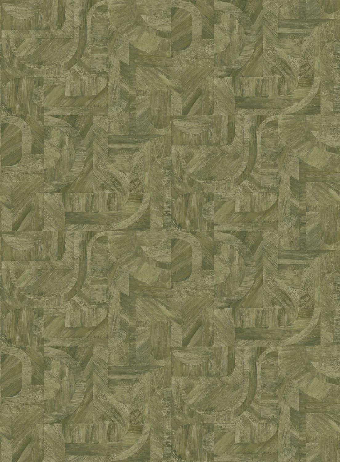 Geometrische houten structuur behang met mozaïekpatroon INTARSIA - KAKI groen