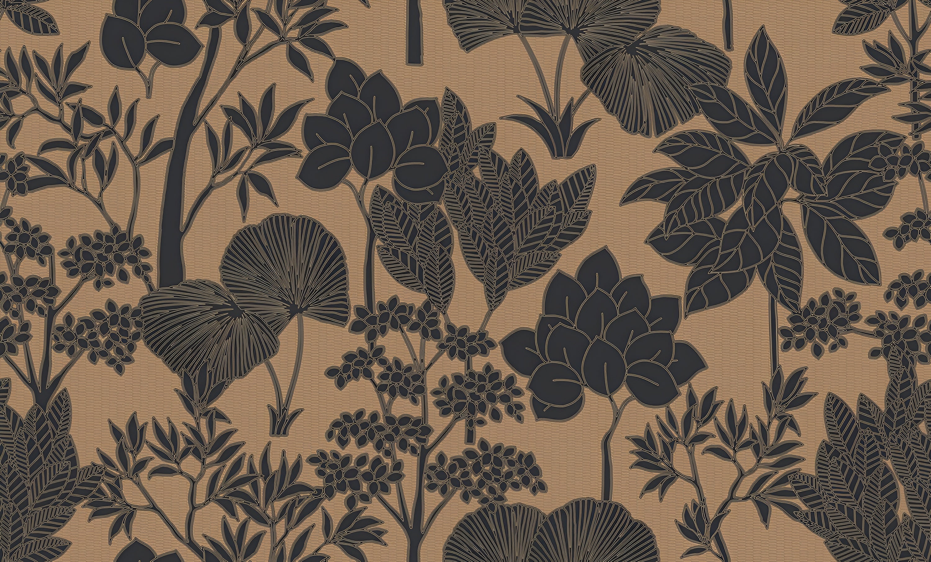 Strukturierte Tapete mit pflanzlichem Muster aus Blättern und Blumen INARA - NOIR/DORÉ dunkelbeige