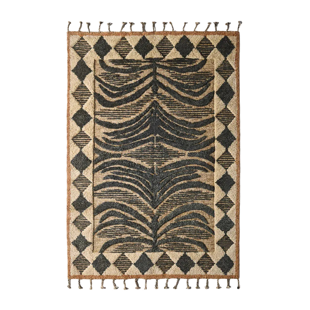 Wool rug WILDCAT black-beige with fringes