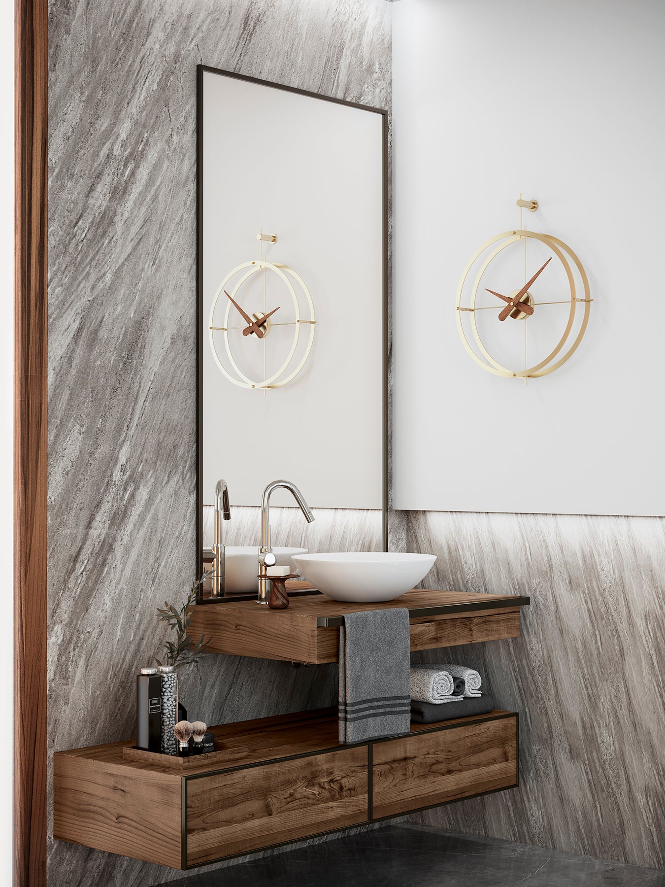 Wandklok DOS PUNTOS PREMIUM notenhout met messing afwerking