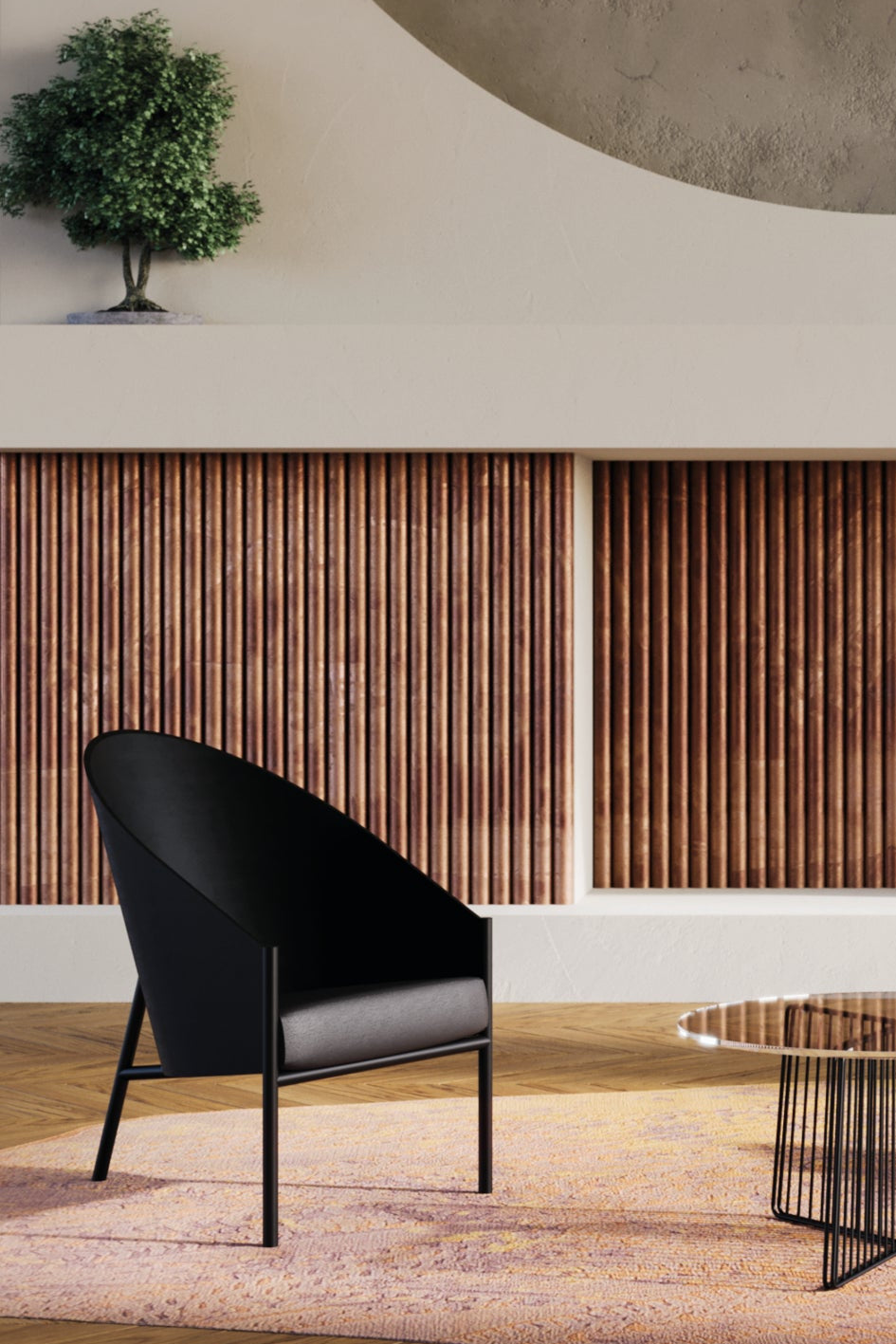 Pratfall Stuhl Olivenfurnier mit beige Leder