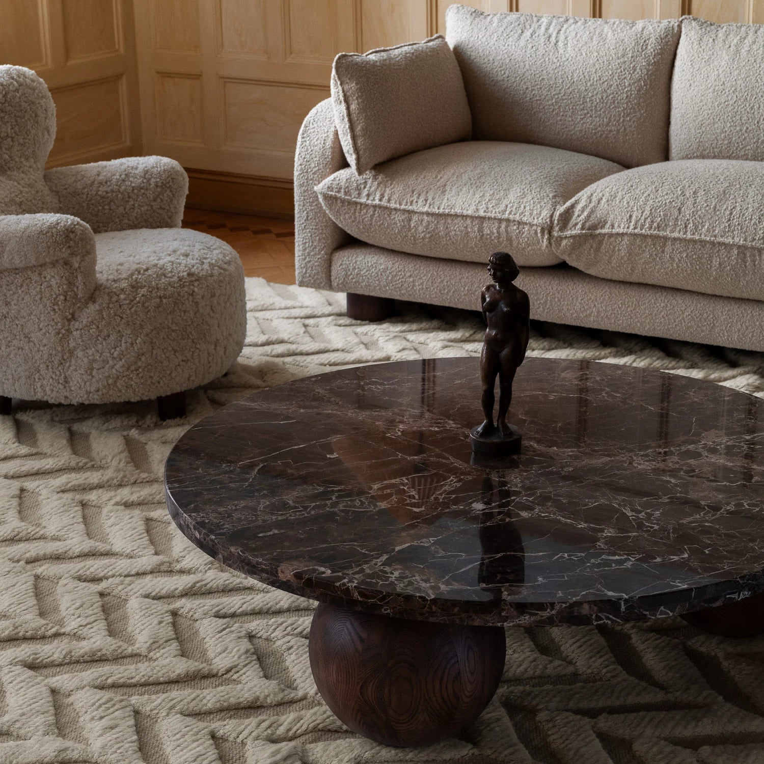 Round coffee table SPHERE Emperador marble with ash base