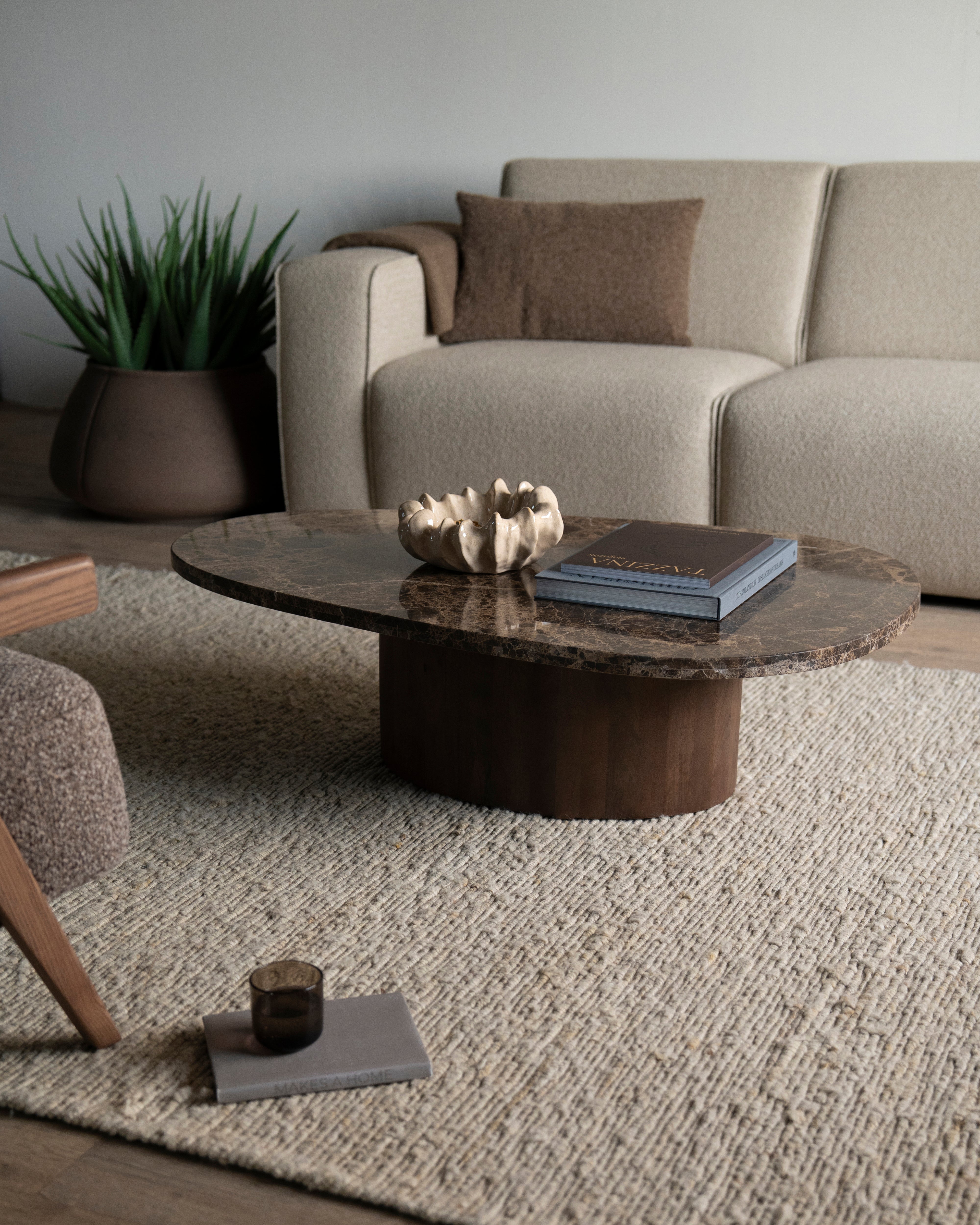 Couchtisch BRADLEY dunkelbrauner Marmor mit Holzgestell