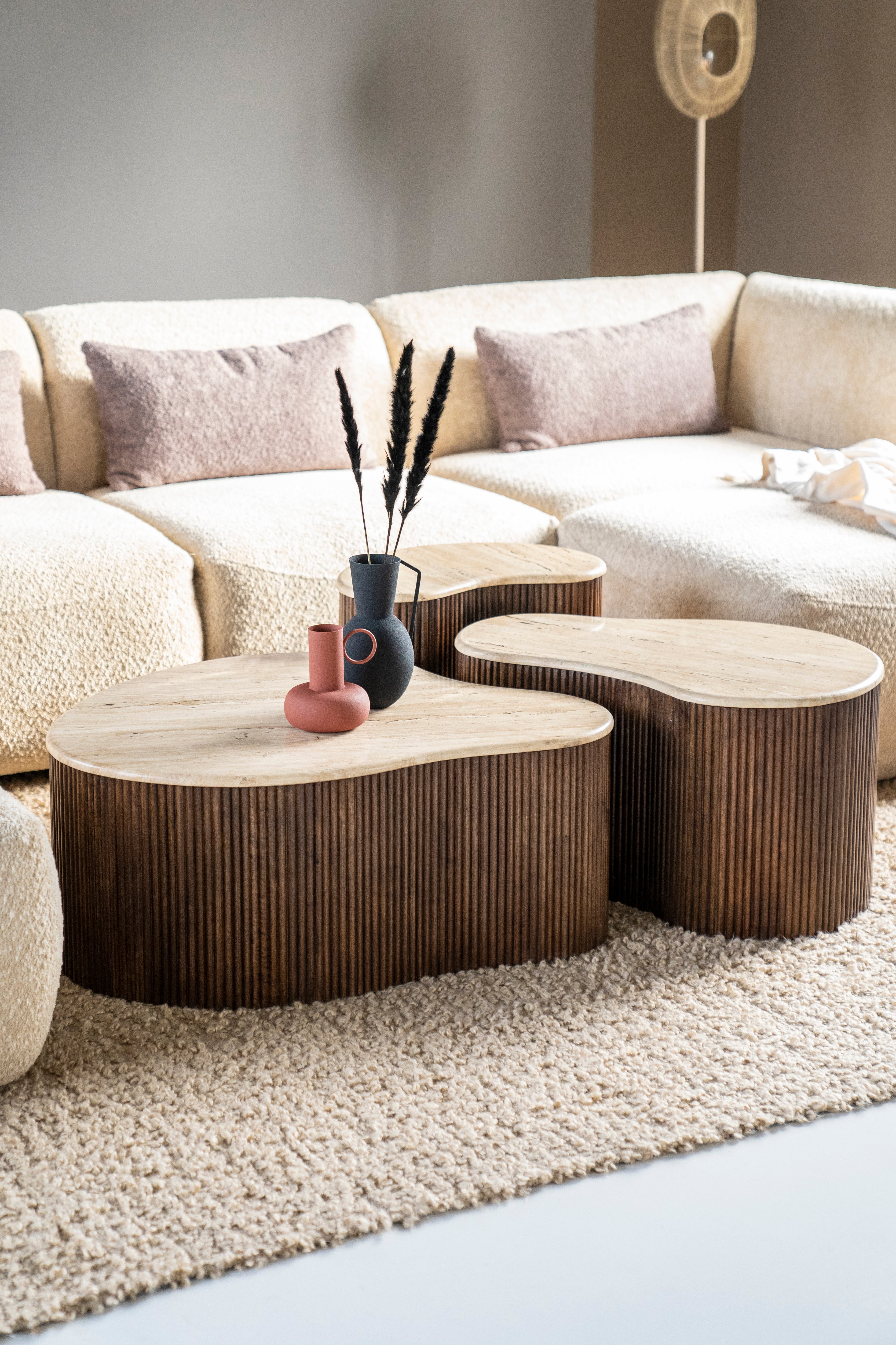 MARI coffee table made of mango wood with a travertine top