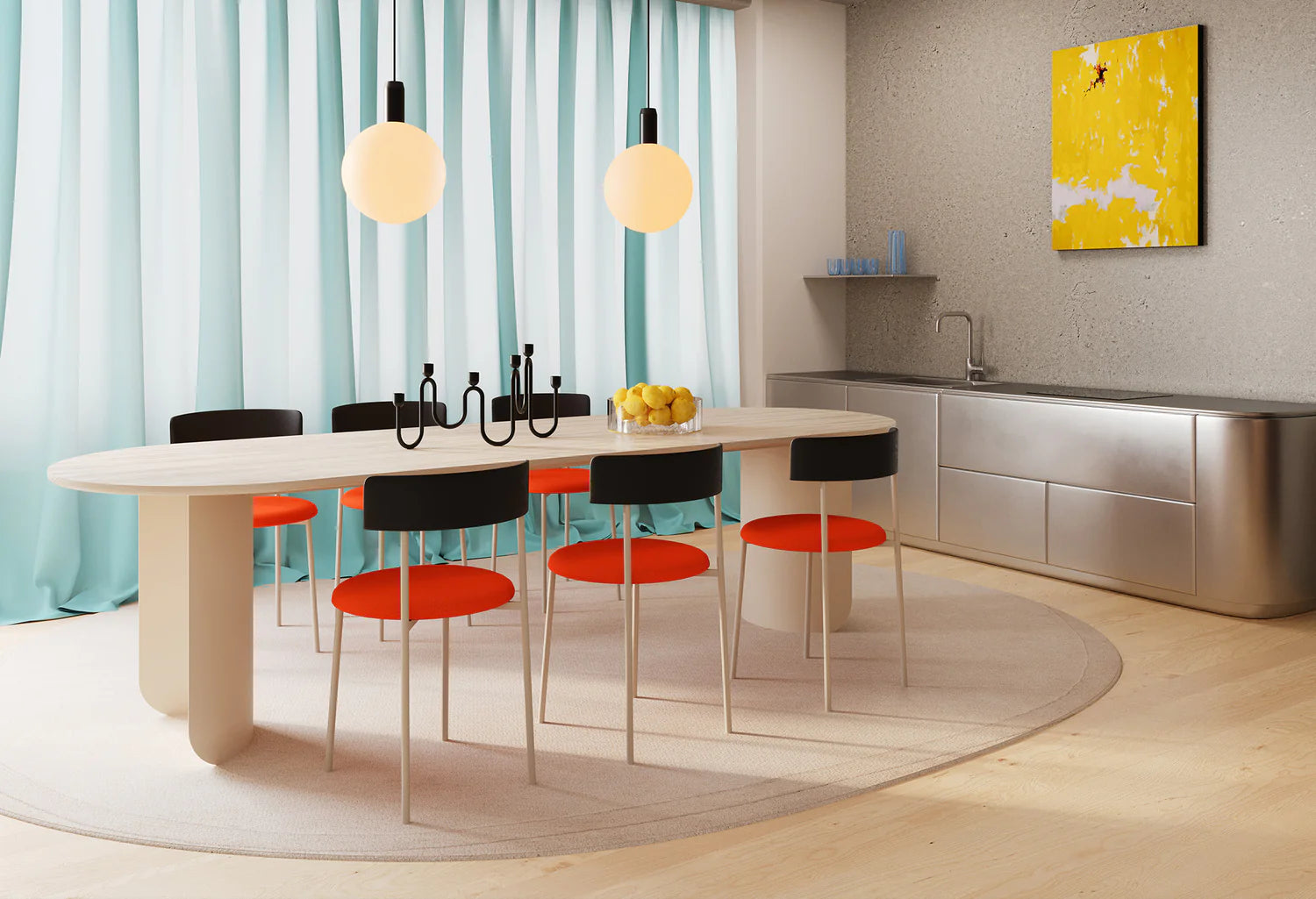 Ovale tafel PLATEAU met eiken blad en zandkleurige basis