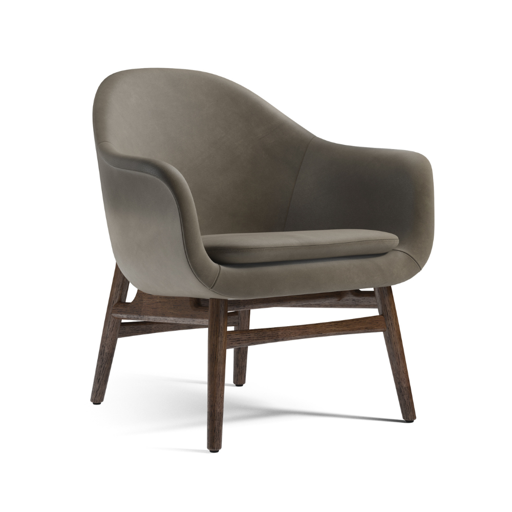 Fauteuil HARBOUR grijs leer met een donkere eiken basis