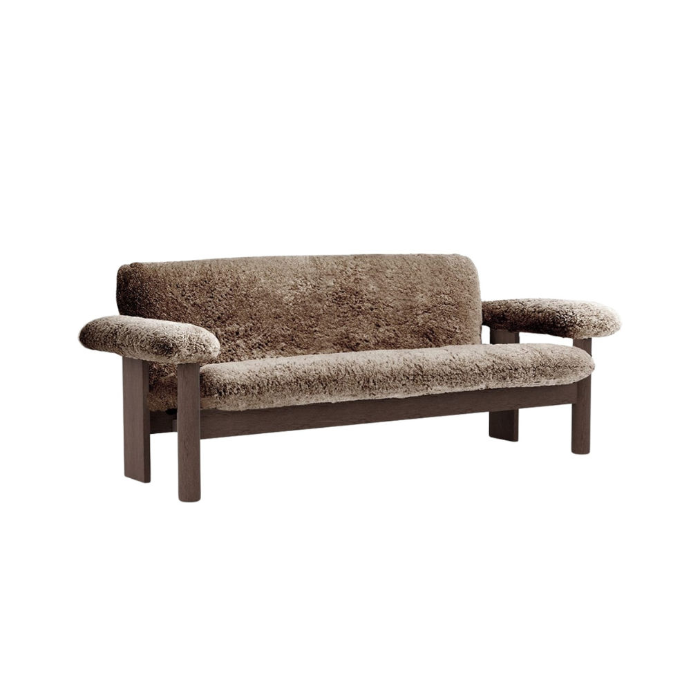 BRASILIA Sofa brown sheepskin with dark oak base