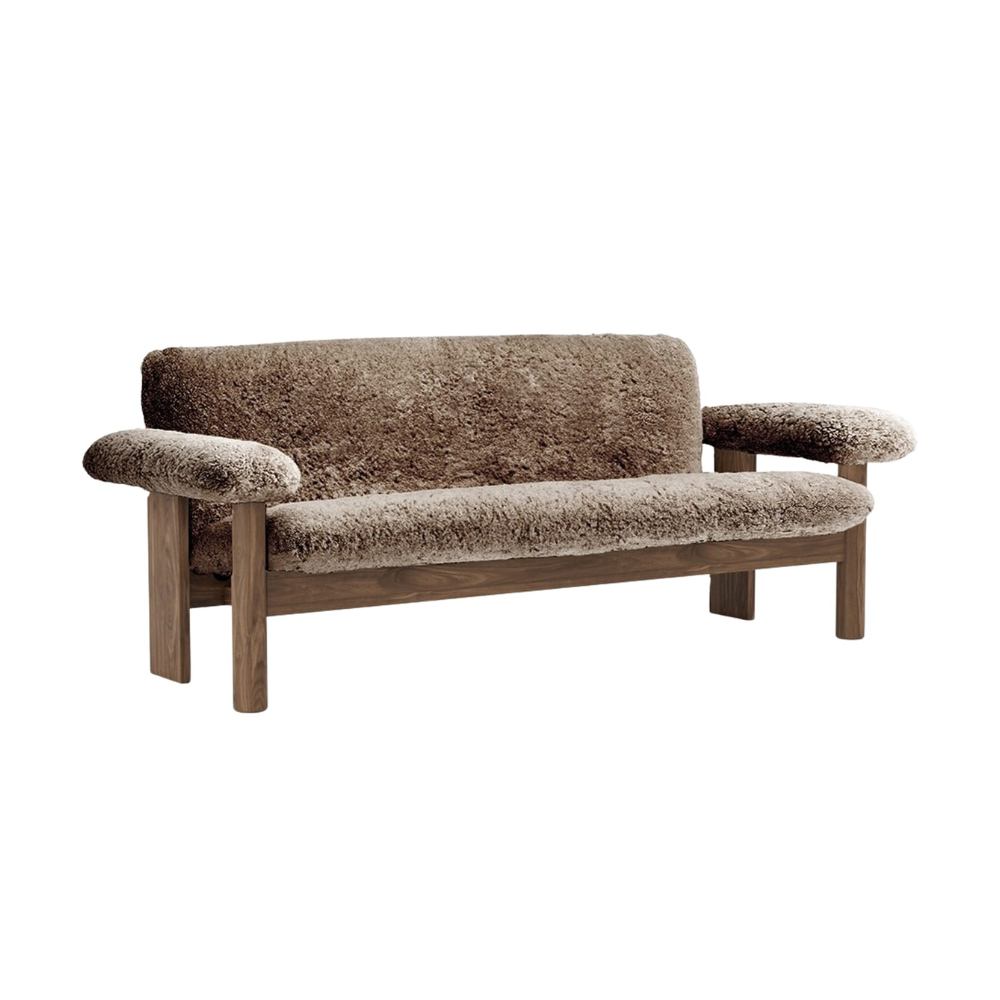 BRASILIA Sofa brown sheepskin with walnut base
