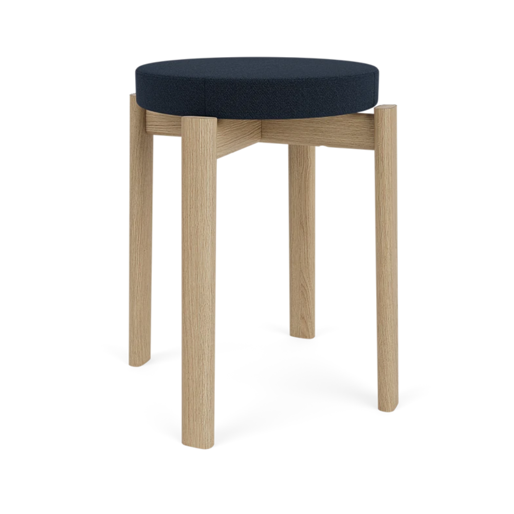 PASSAGE stool in navy blue with an oak base