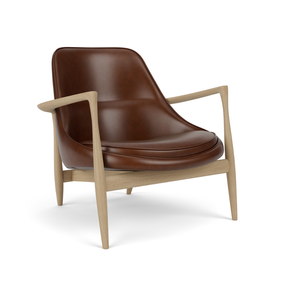 Fauteuil ELIZABETH bruin leer met eiken basis