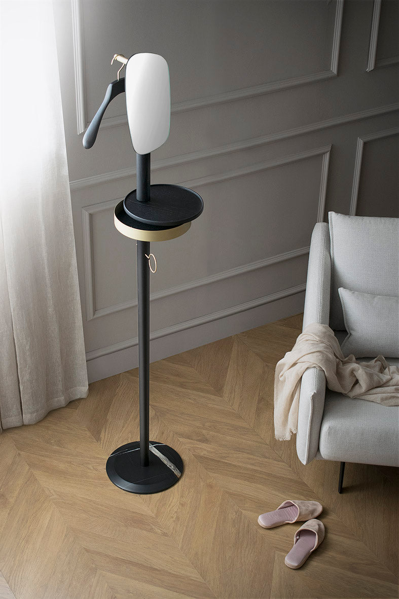 Coat rack with mirror GALAN in black ash wood with black marble and brass finish