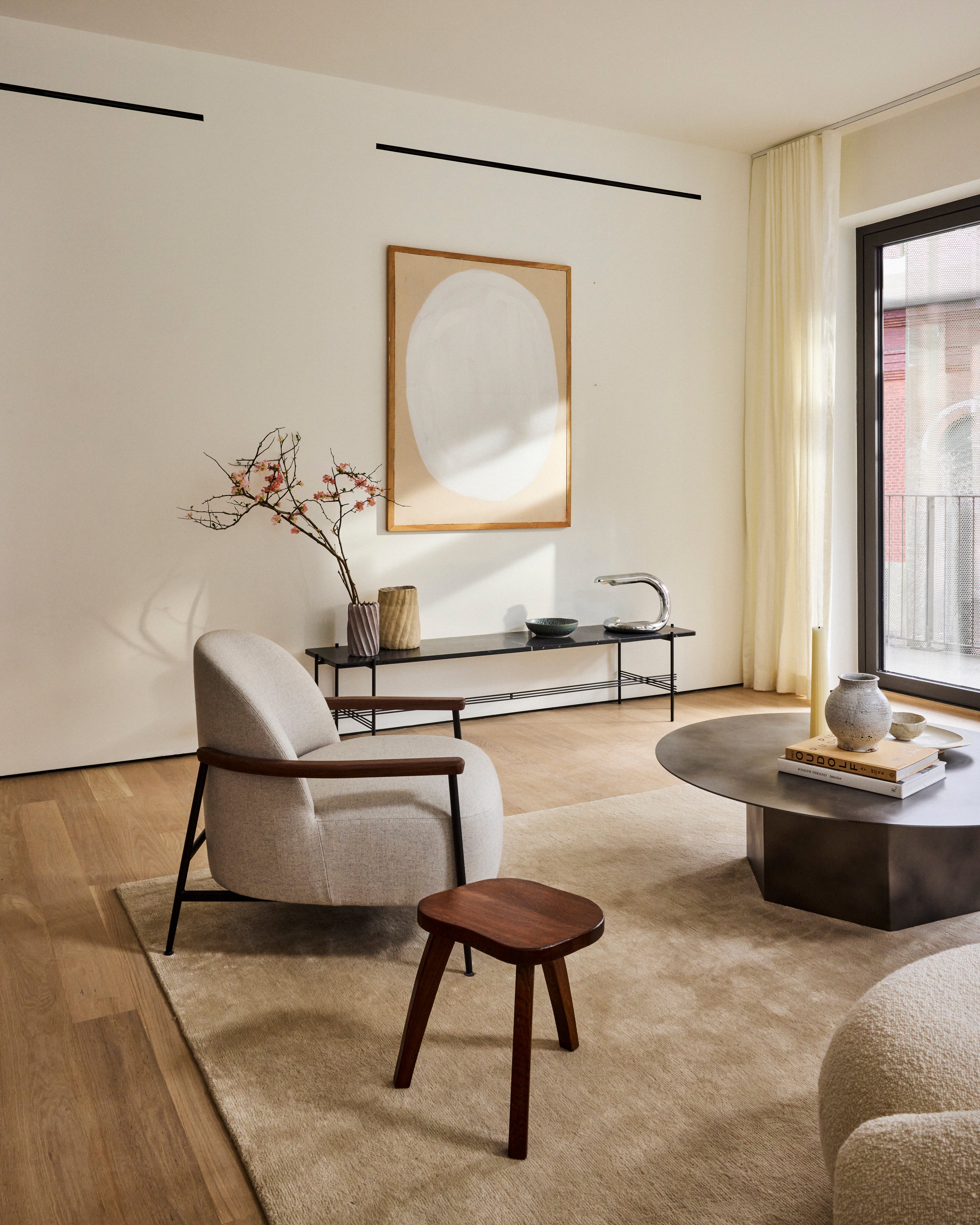 TS travertine console with a golden base