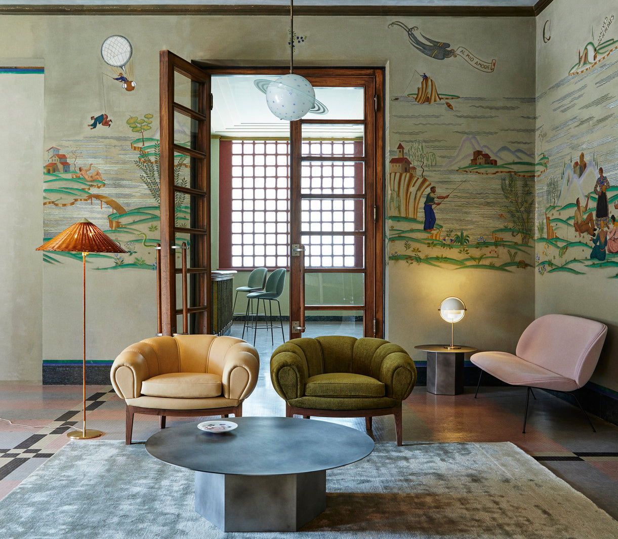 CROISSANT upholstered armchair with walnut base