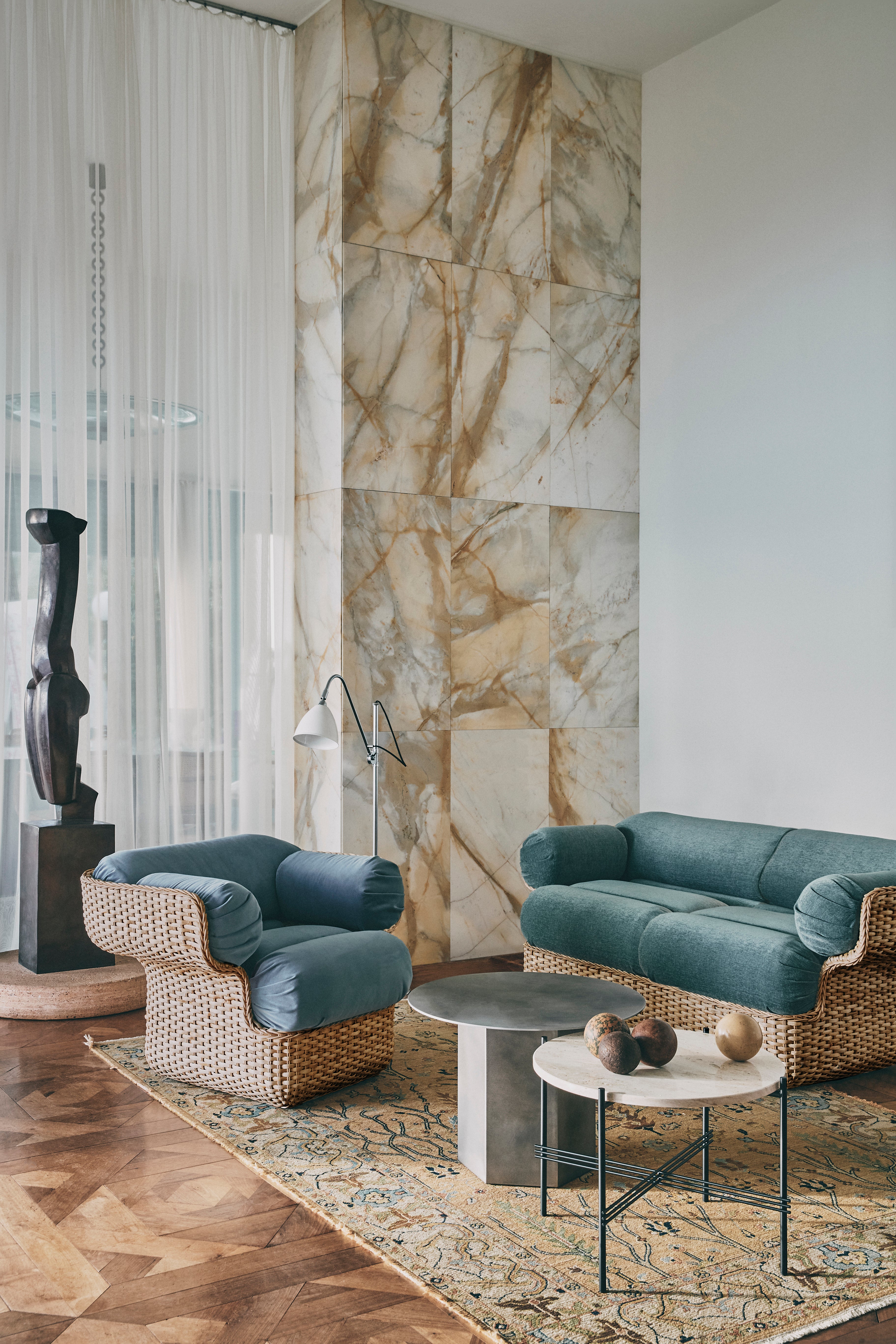 BASKET armchair in blue with rattan