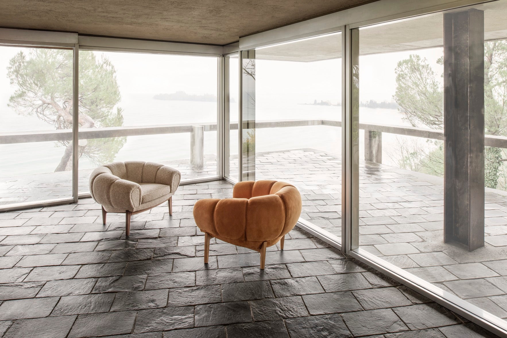 CROISSANT upholstered armchair with walnut base