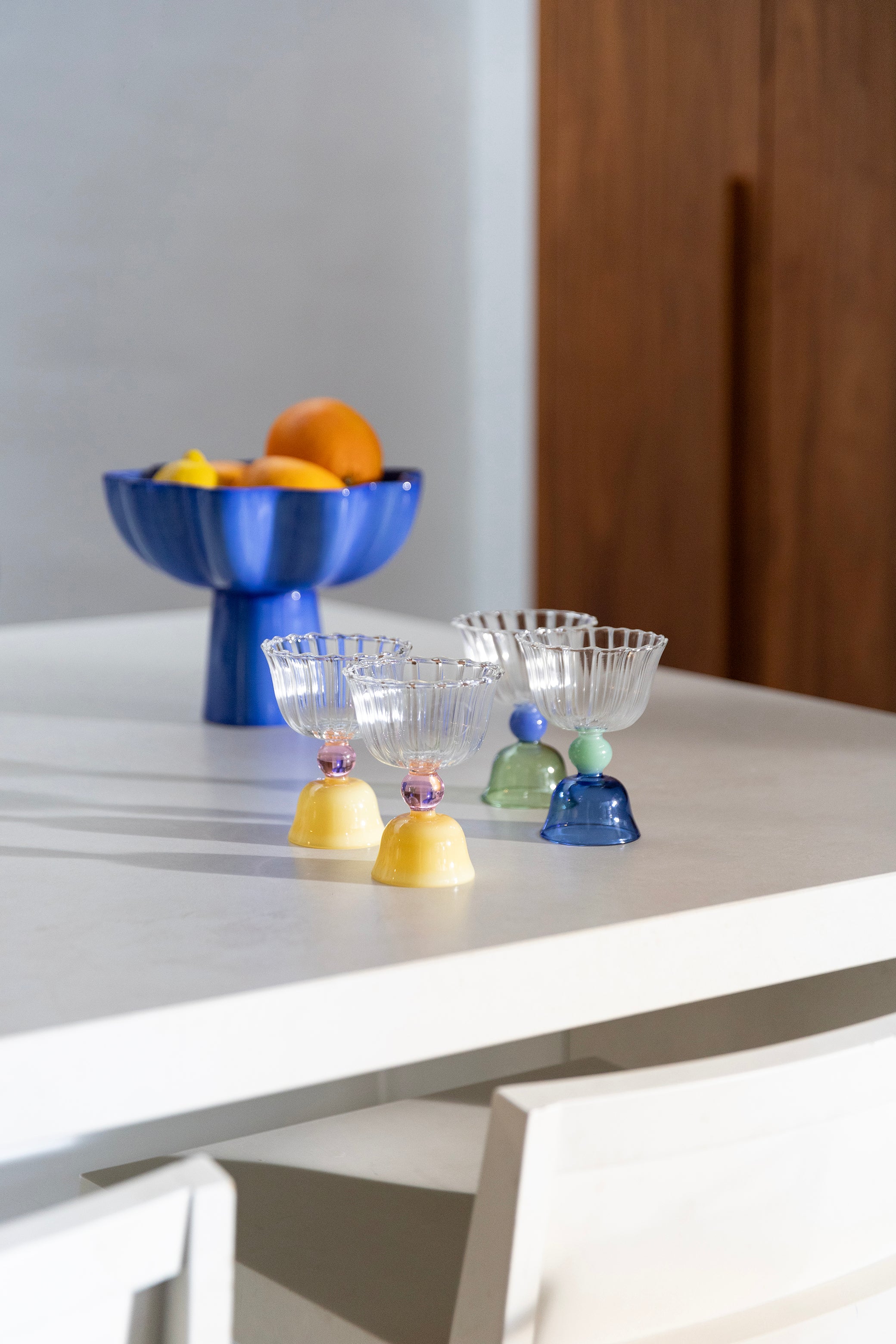 Set van glazen tulpenkelkjes blauw met groen