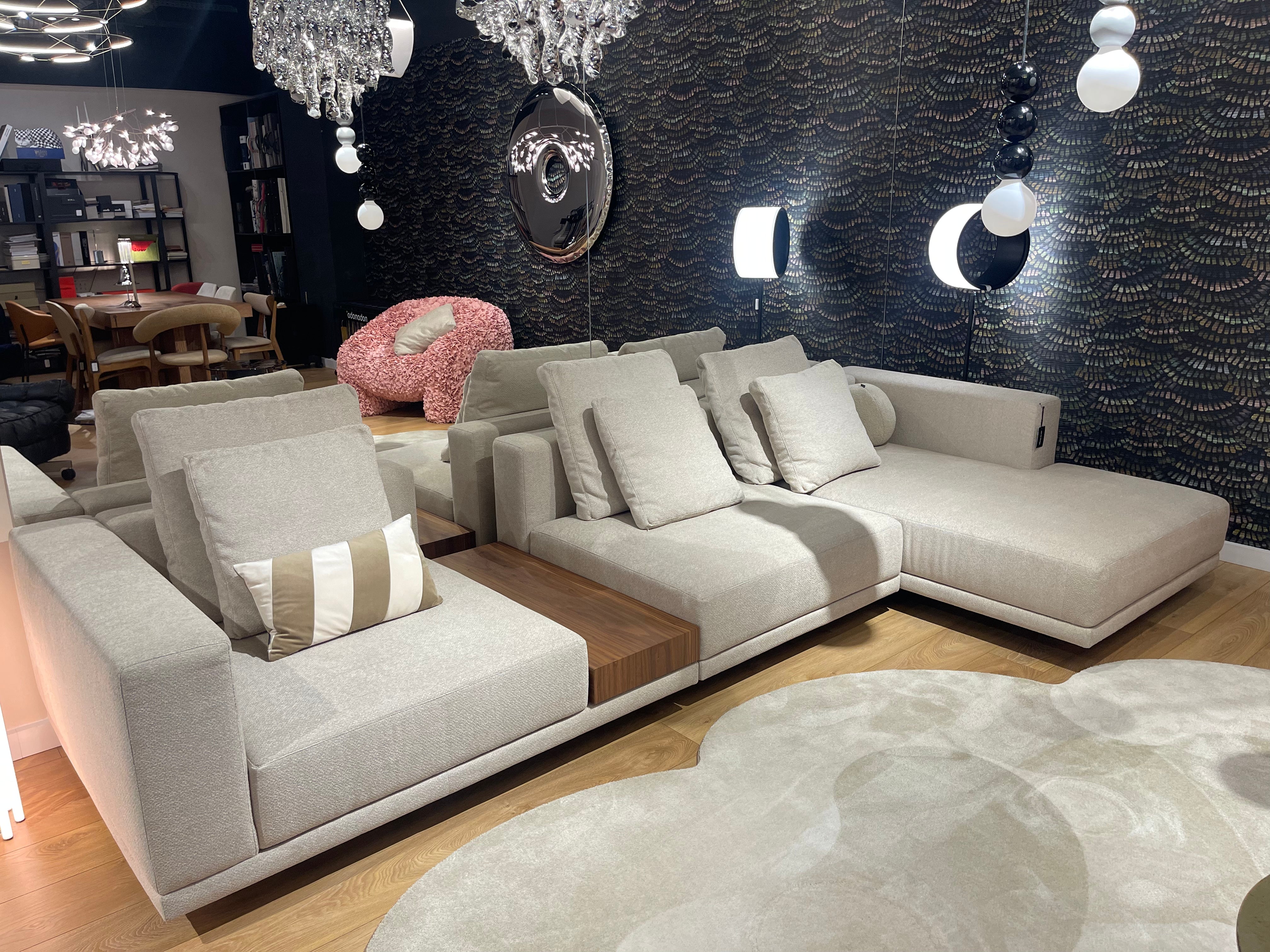 Classic beige modular sofa with right-side shelf - display model