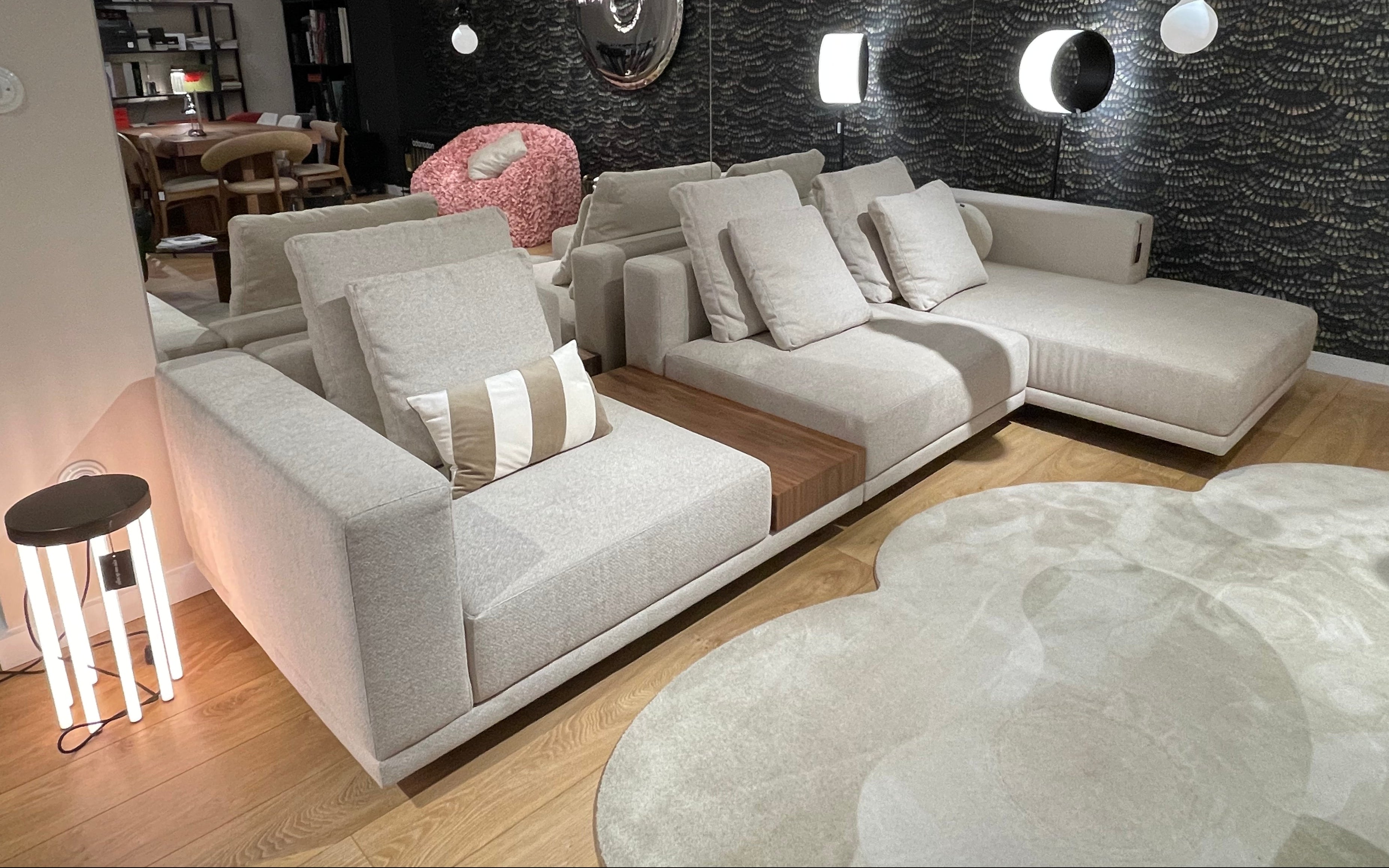 Classic beige modular sofa with right-side shelf - display model