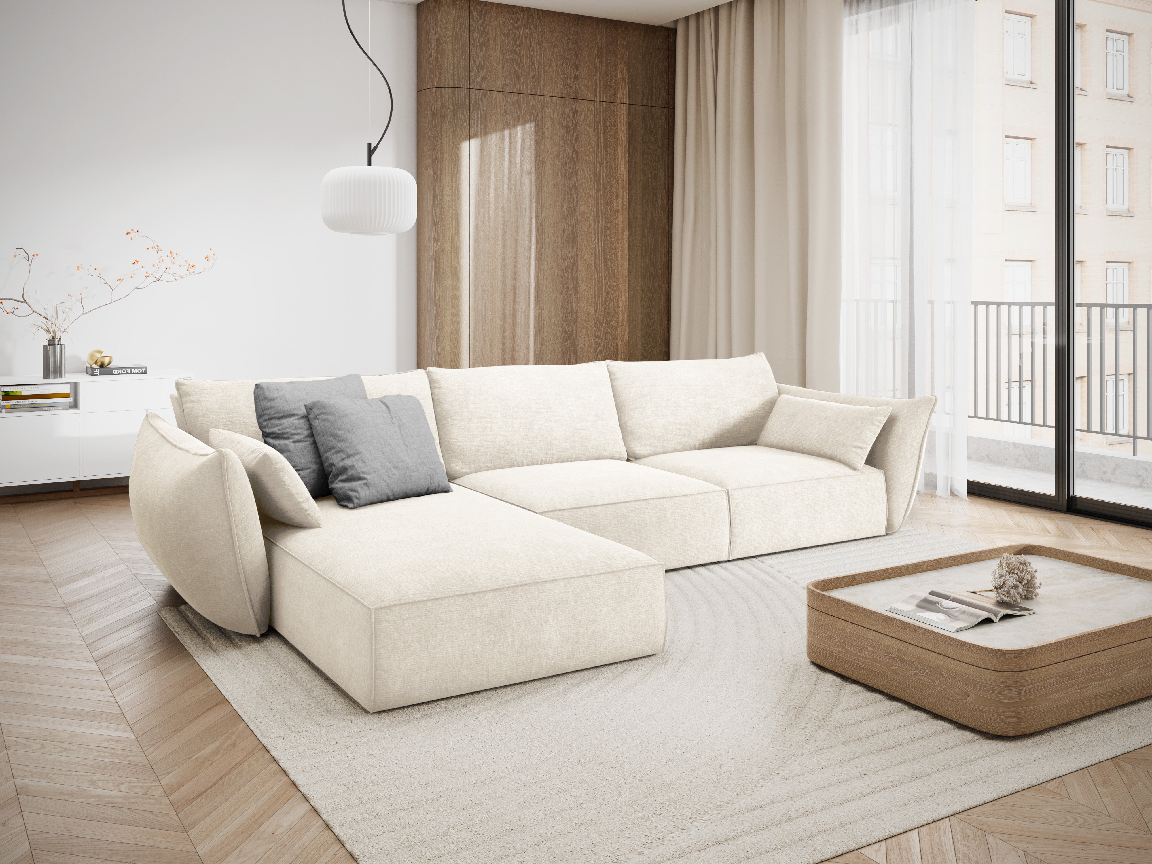 Hoekbank in chenille stof links 4-persoons VANDA lichtbeige