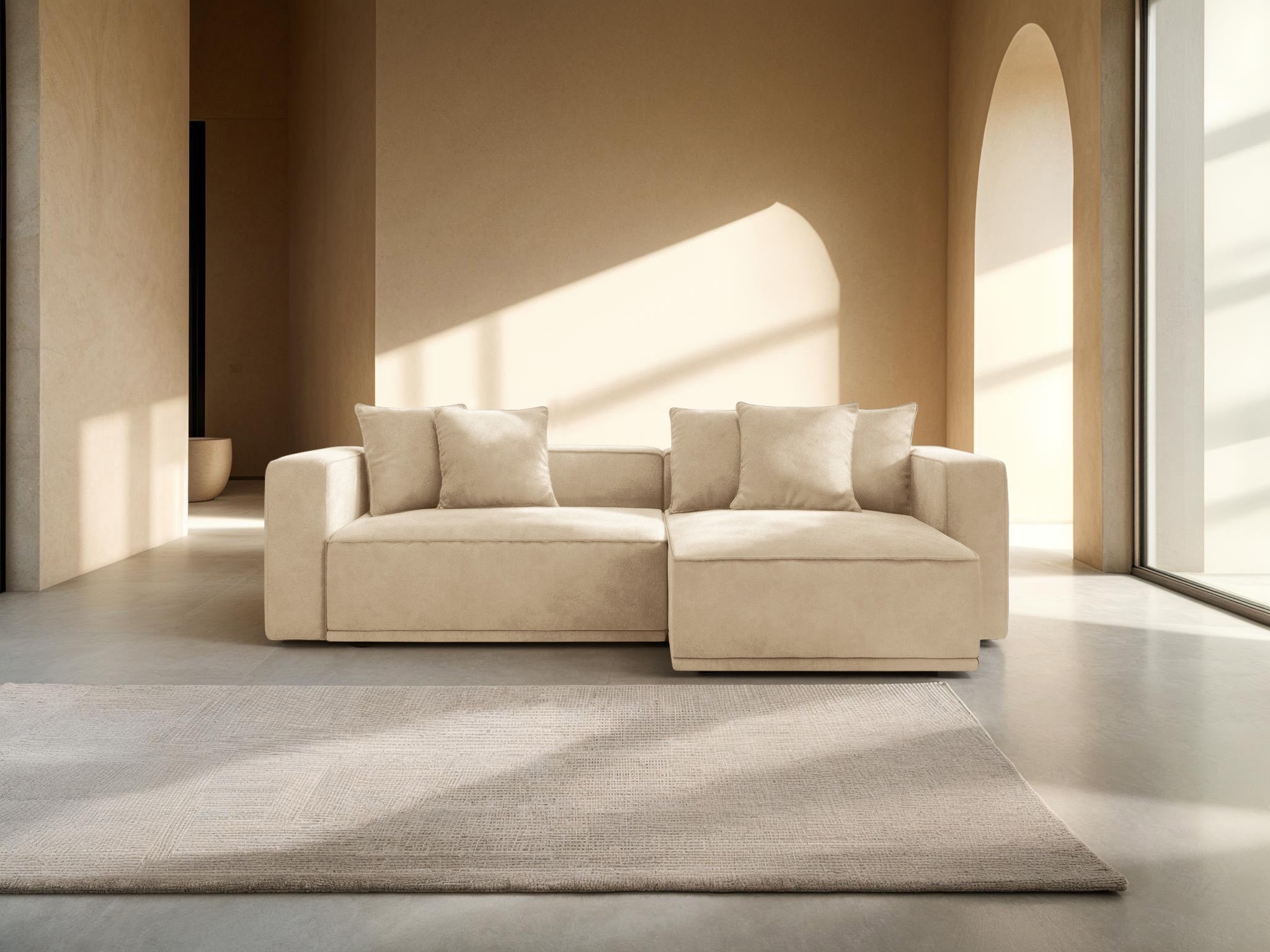 Samt-Ecksofa rechts mit Schlaffunktion RIBES hellbeige