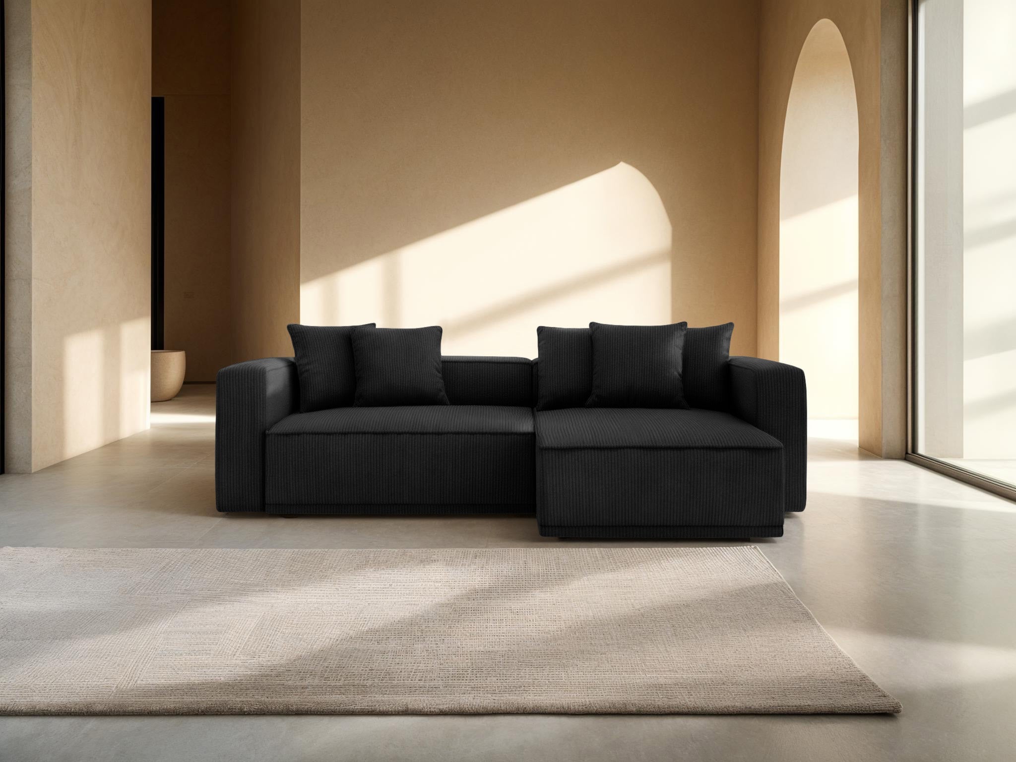 Right-sided corner sofa bed RIBES black corduroy