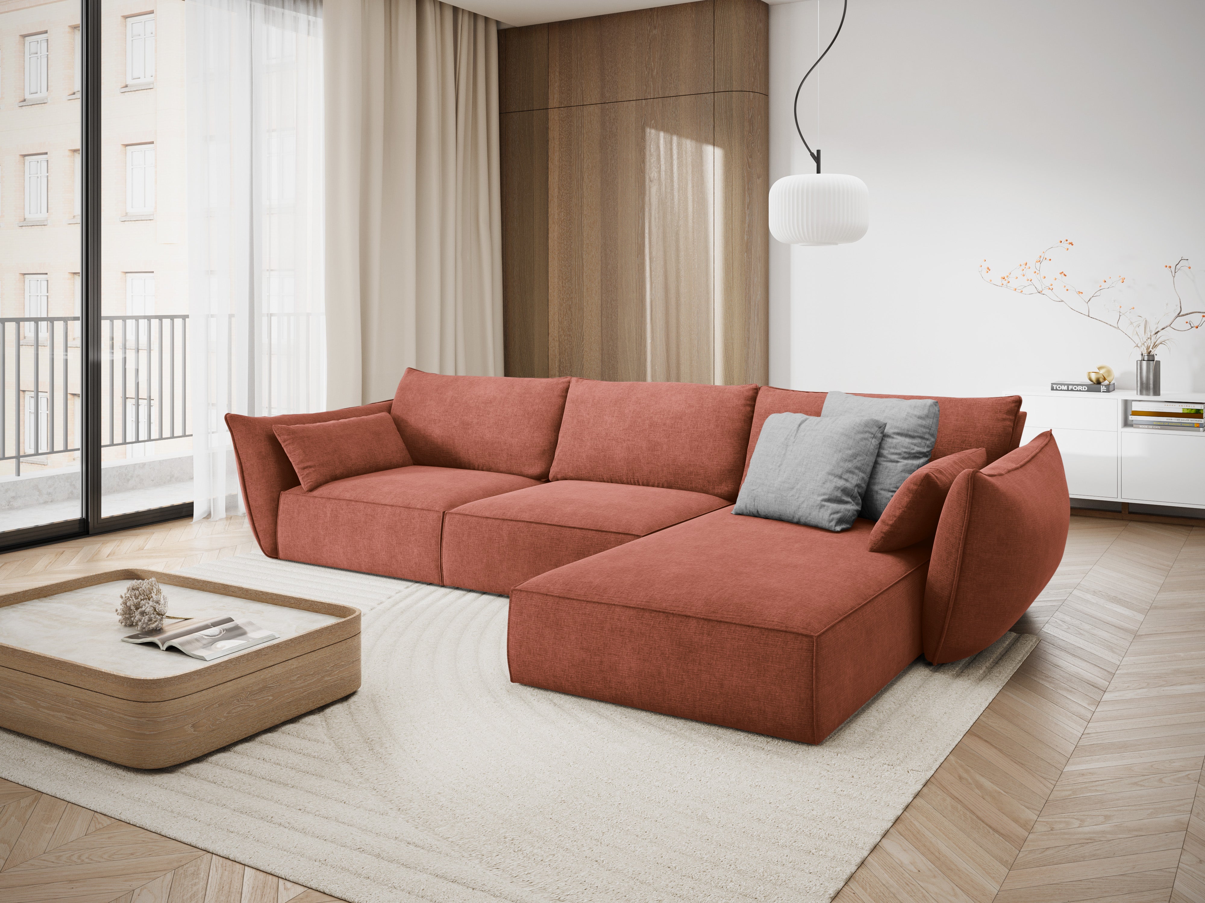 Rechthoekige bank in chenille stof, rechtsdraaiend, voor 4 personen, VANDA terracotta
