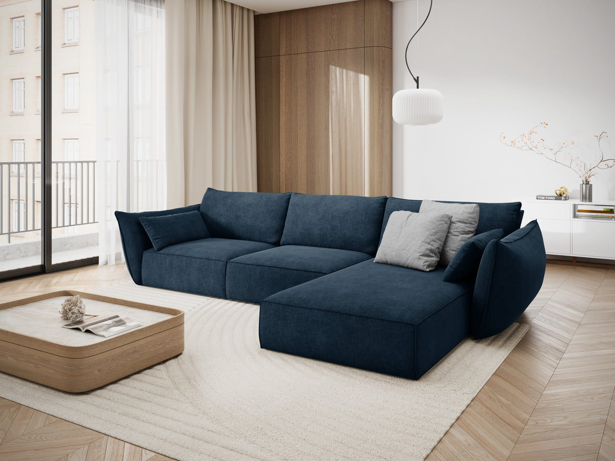 Rechthoekige bank in chenille stof, rechtsdraaiend, voor 4 personen, VANDA, koninklijk blauw
