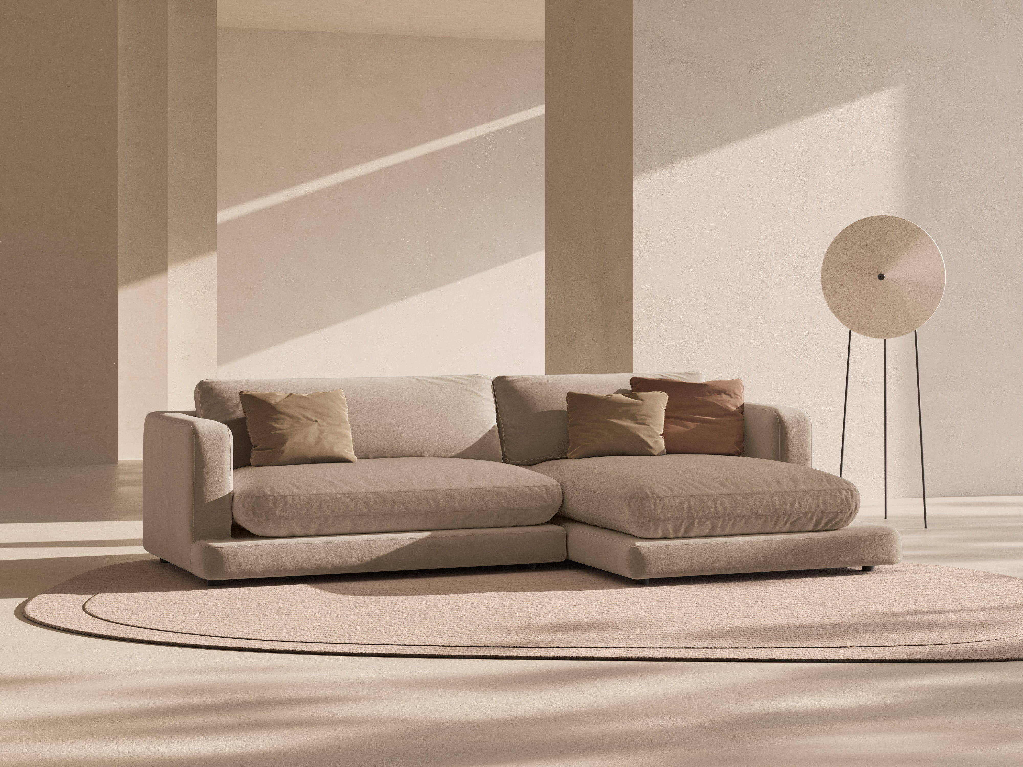 Beige rechtszijdige fluwelen hoekbank DAPHNE