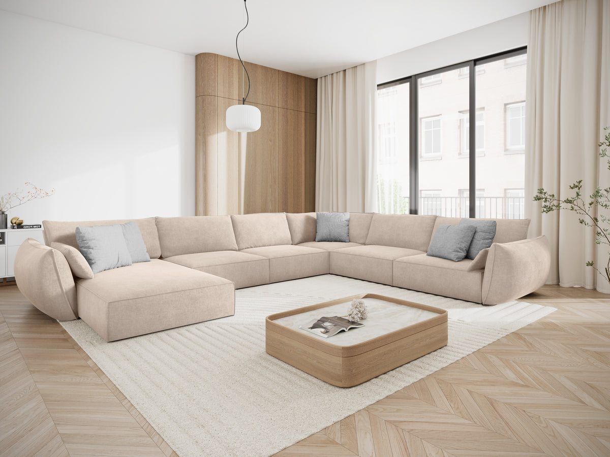 Beige rechtse panoramische hoekbank in chenille stof VANDA