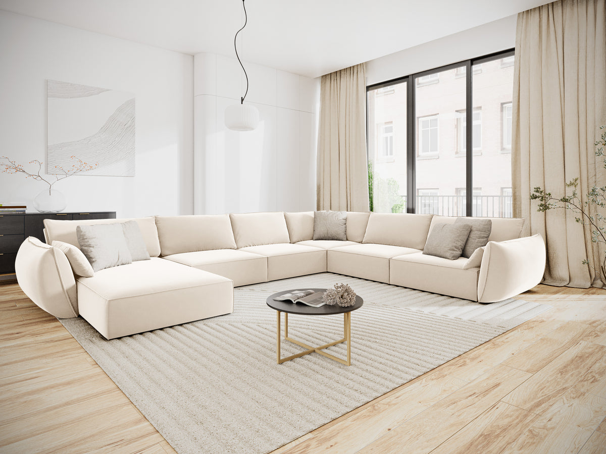 Beige rechtse panoramische fluwelen hoekbank VANDA