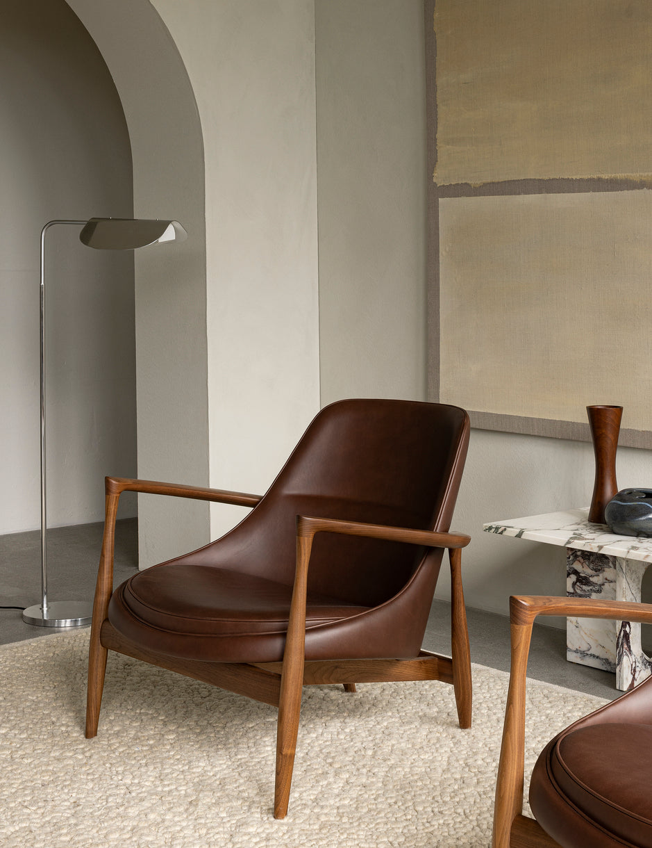 ELIZABETH armchair in cognac leather with walnut base