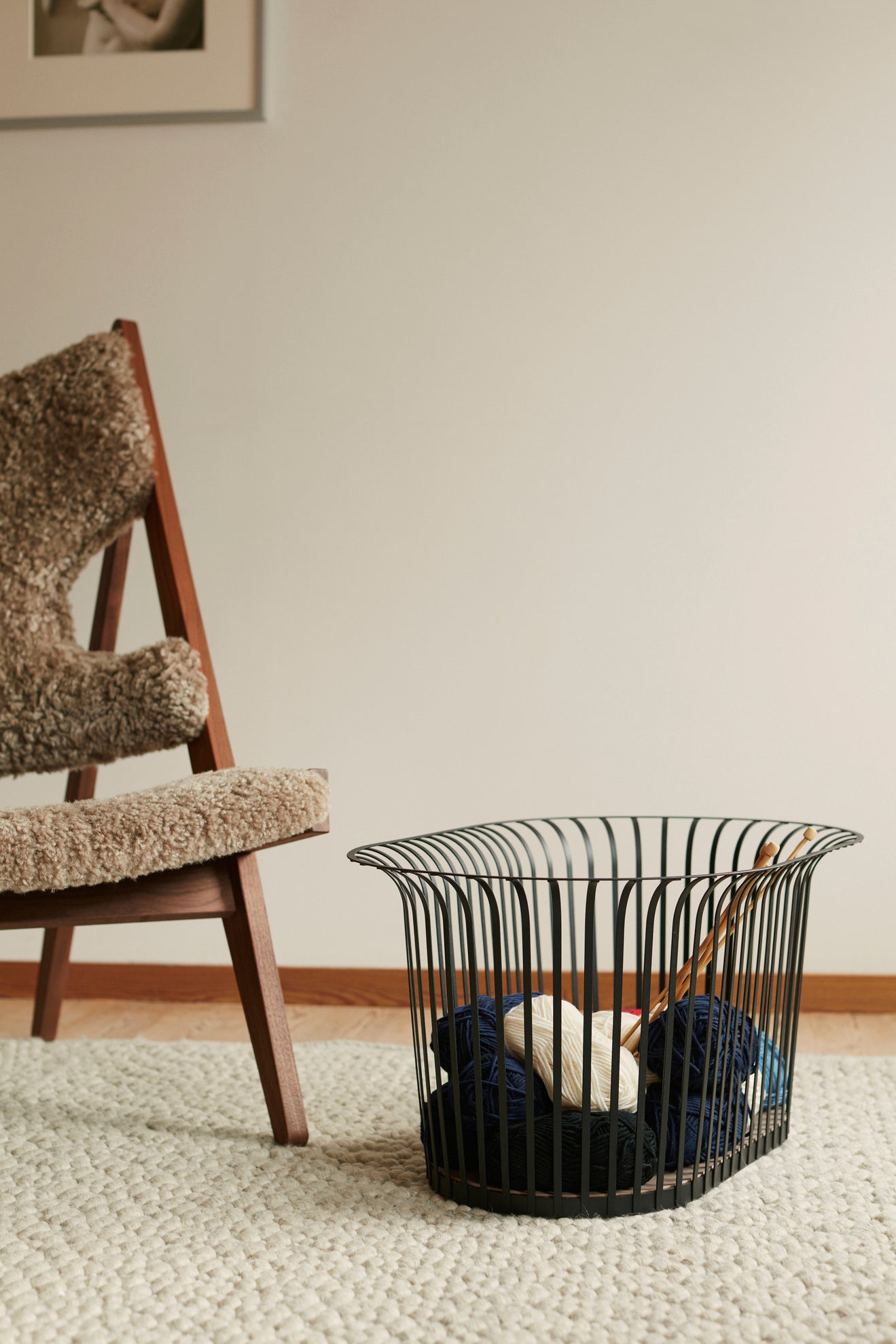 KNITTING armchair brown sheepskin with walnut base