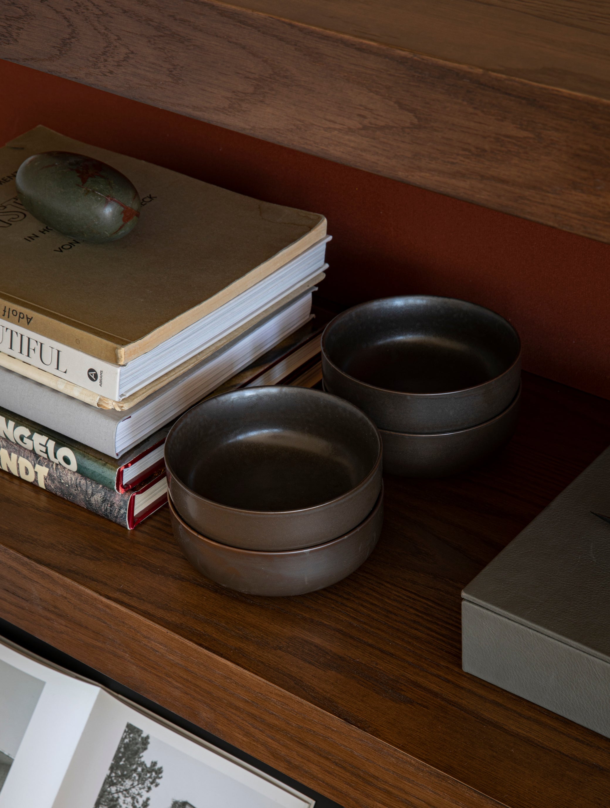 ZET Bücherregal aus dunklem Eichenholz mit schwarzem Rahmen