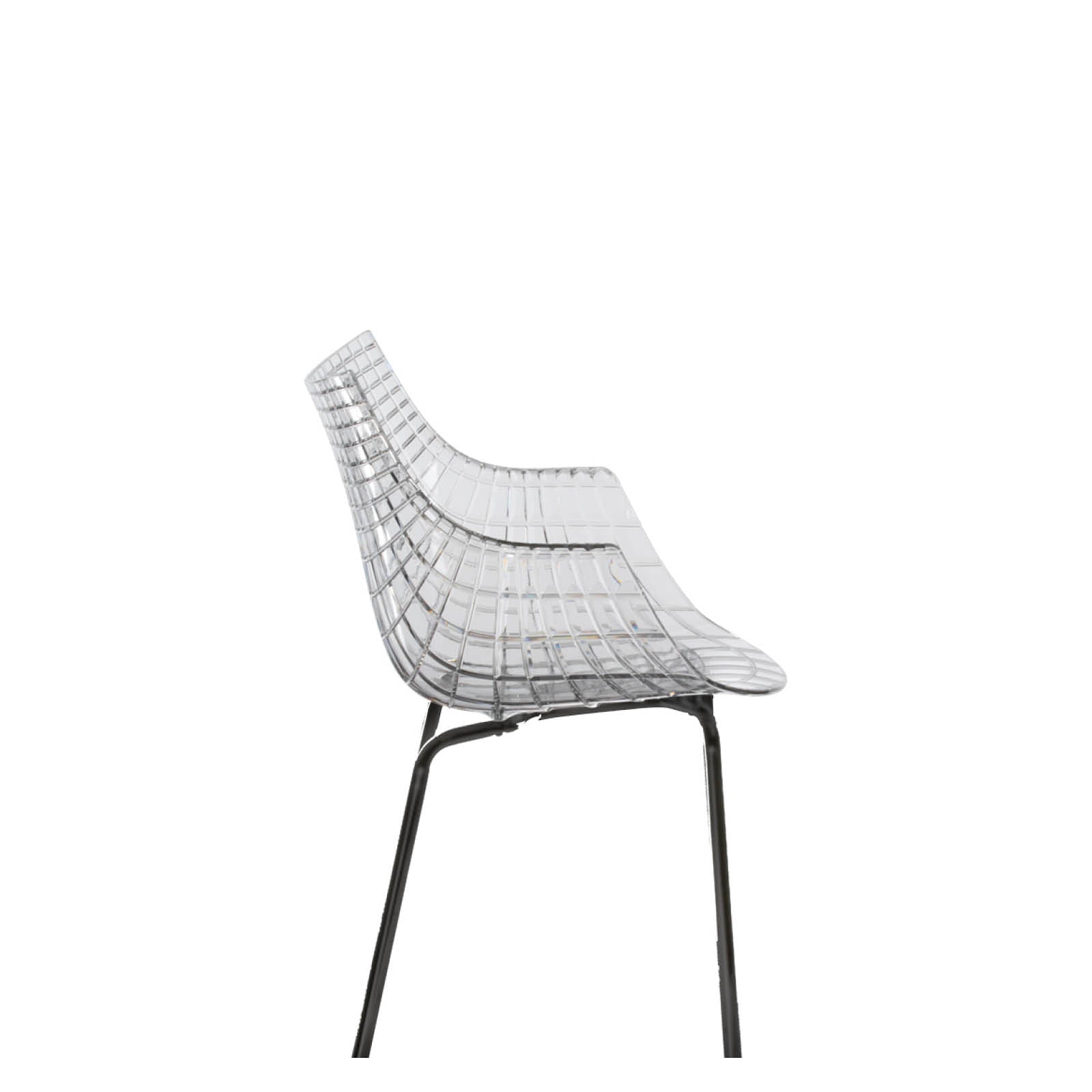 A transparent meridiana chair with a black base