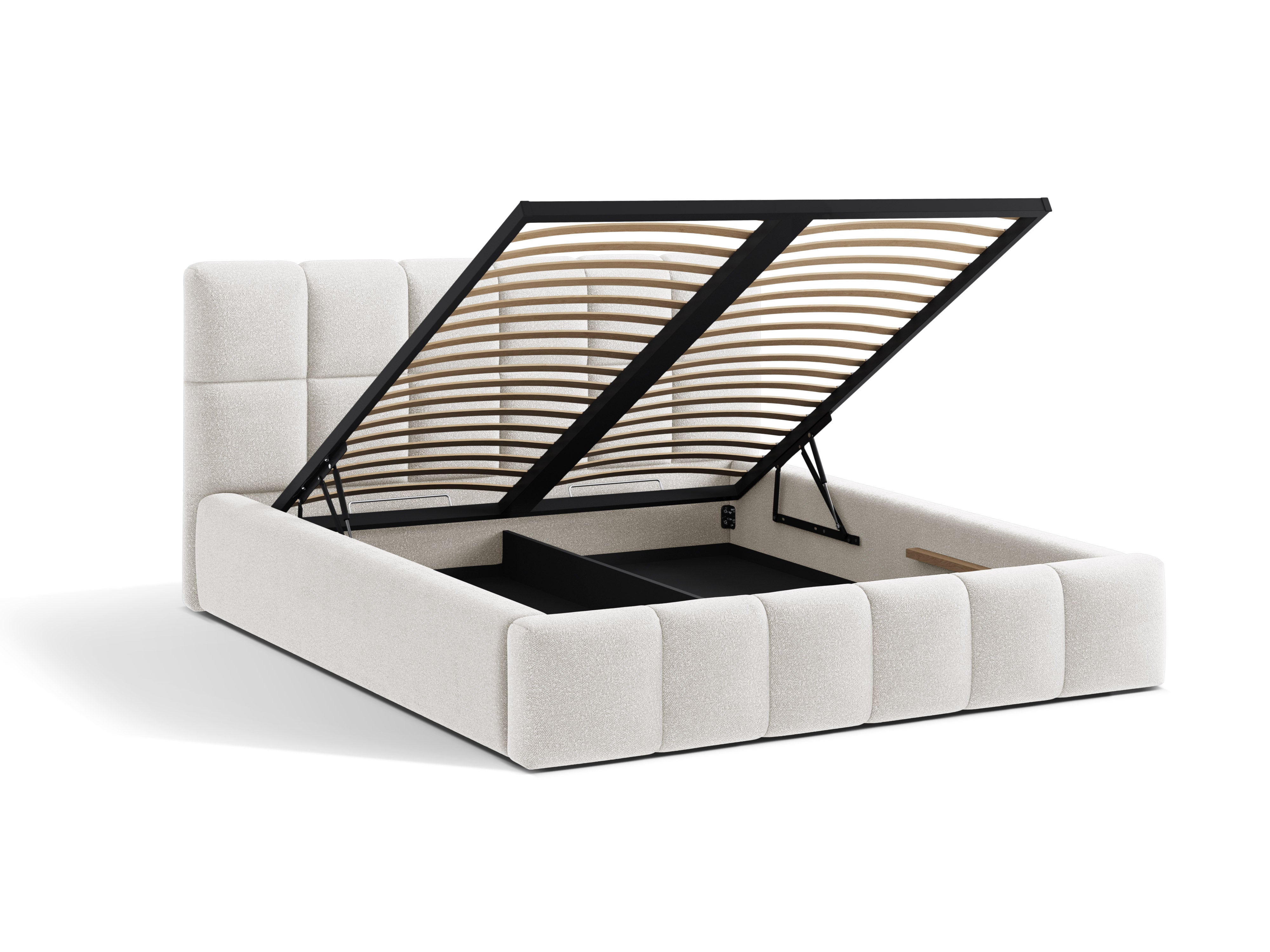 BELLIS bed with storage for bedding in white boucle
