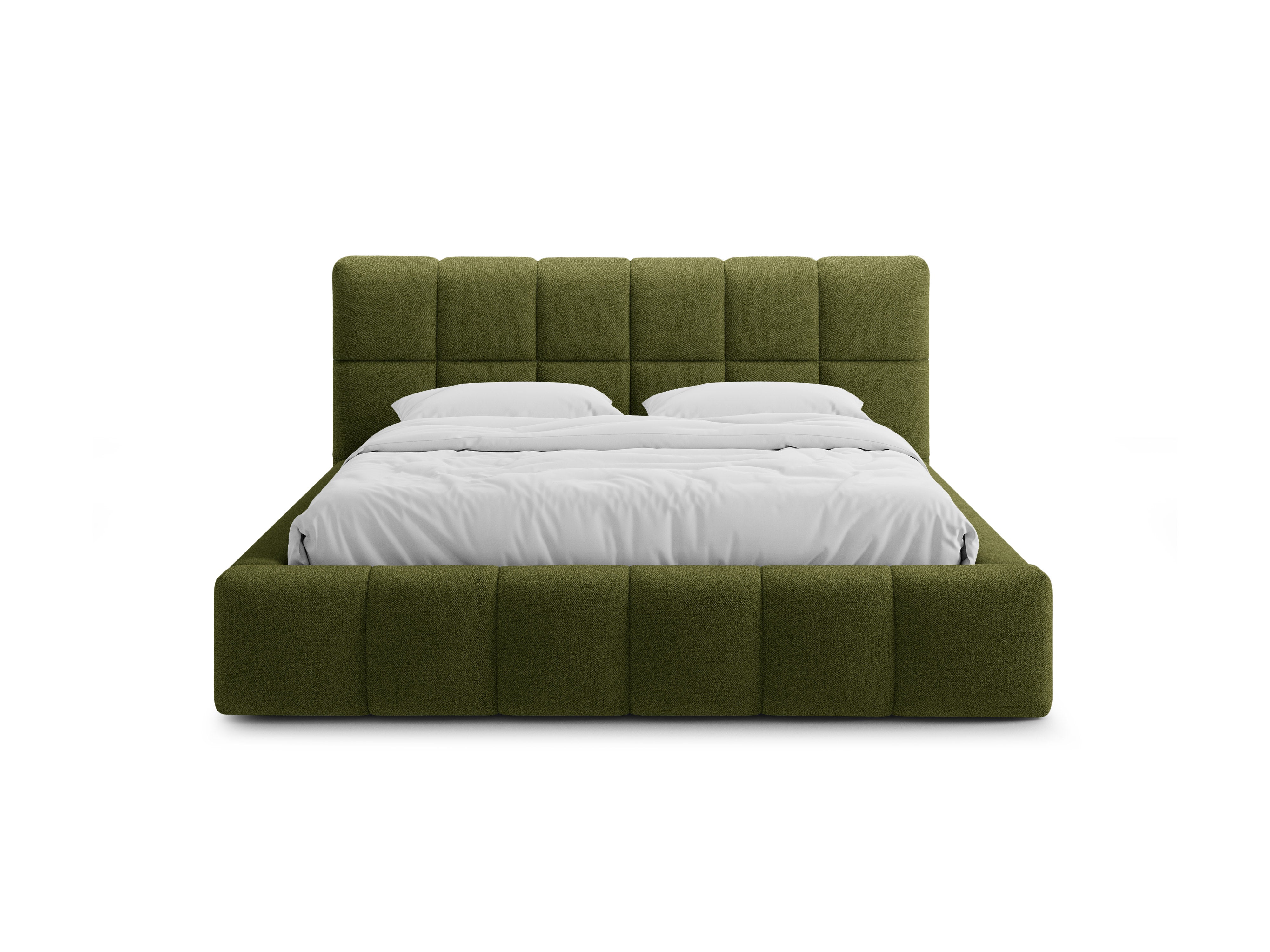 BELLIS bed met opbergruimte voor beddengoed in groene boucle