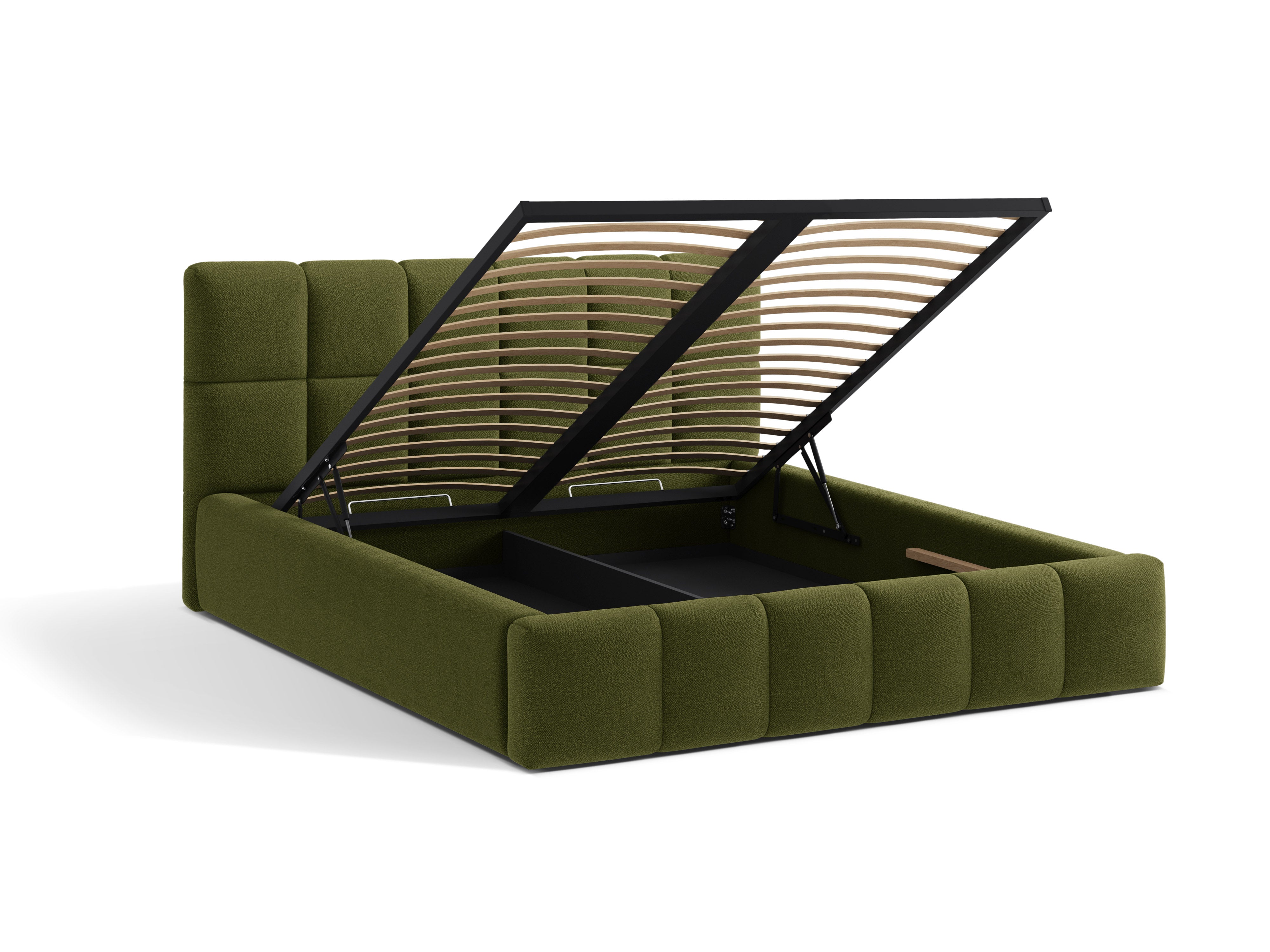 BELLIS bed met opbergruimte voor beddengoed in groene boucle