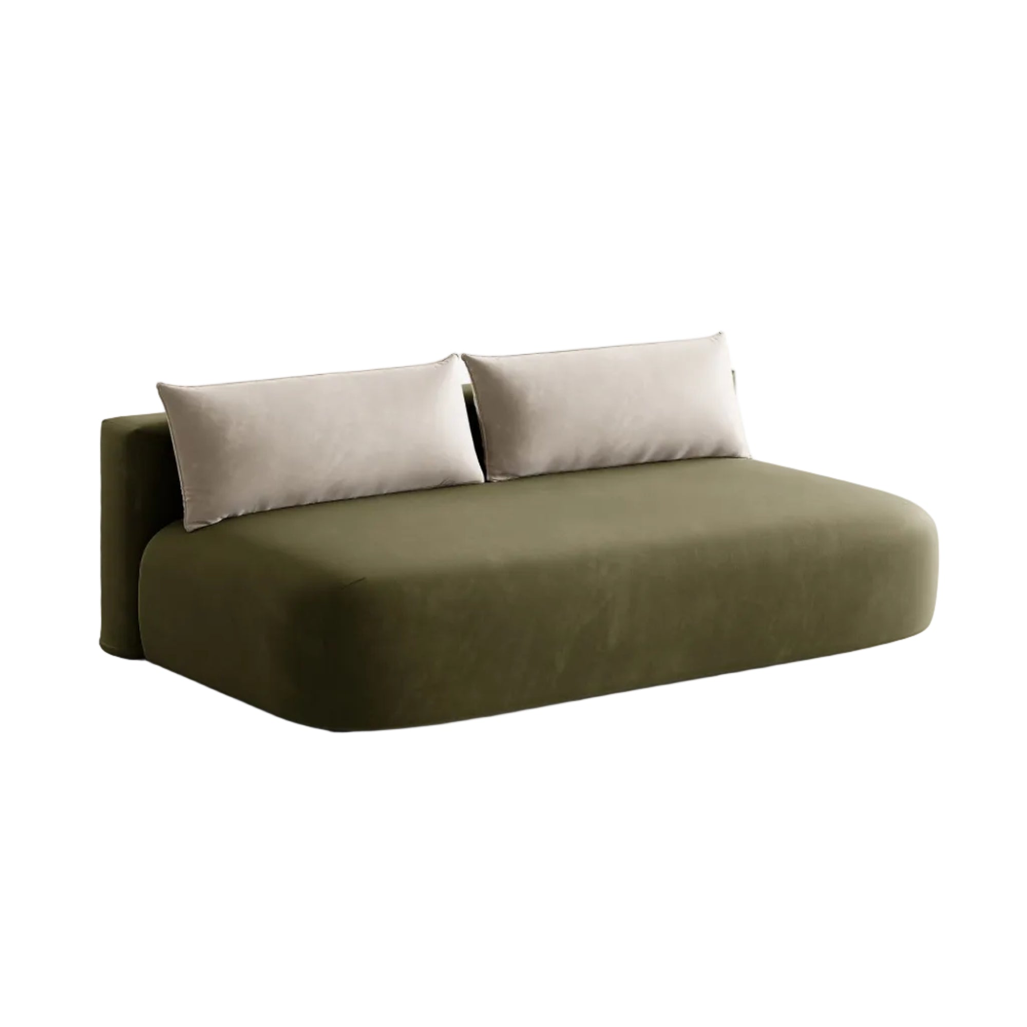 3-zits fluwelen bank met slaapfunctie HENA in groen met beige kussens