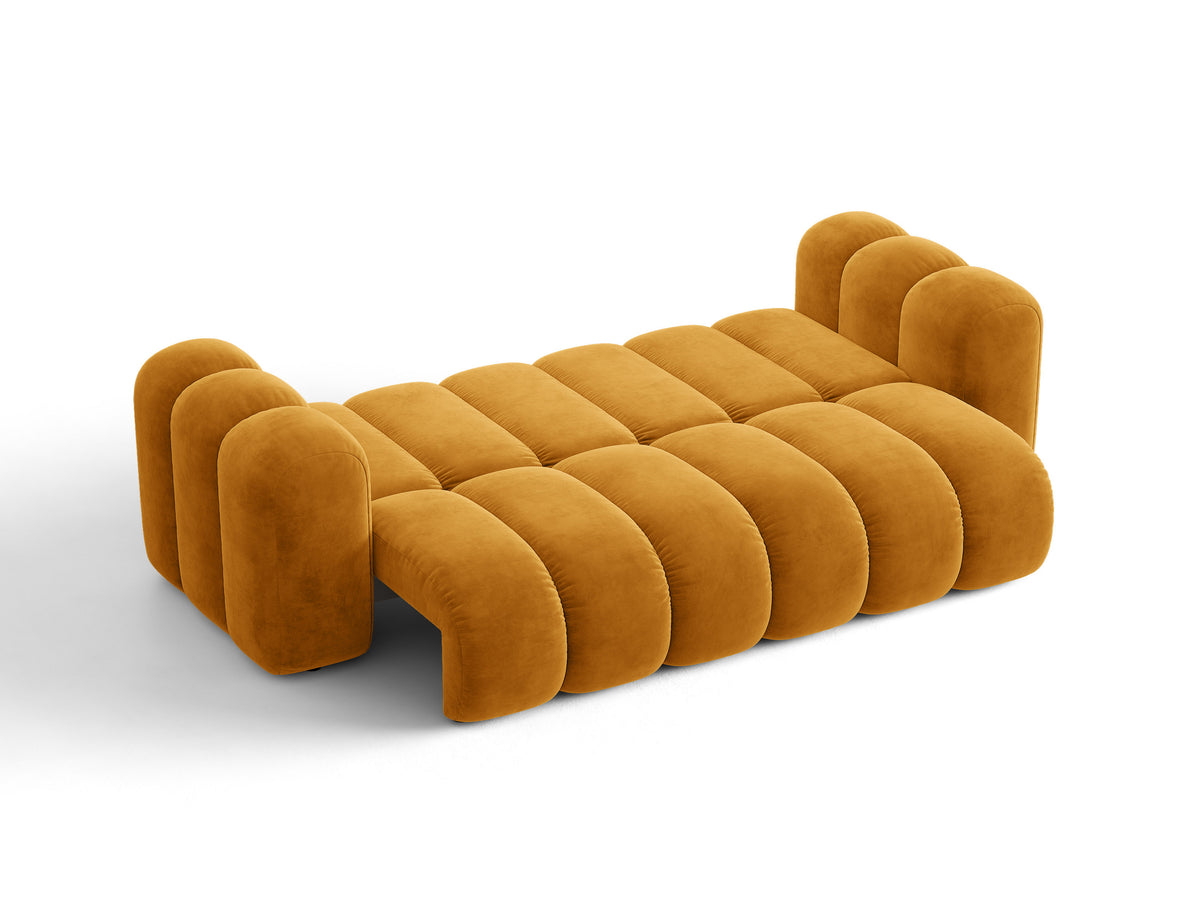 Sofa aksamitna 3-osobowa z funkcją spania LUPINE musztardowy – ujęcie 2