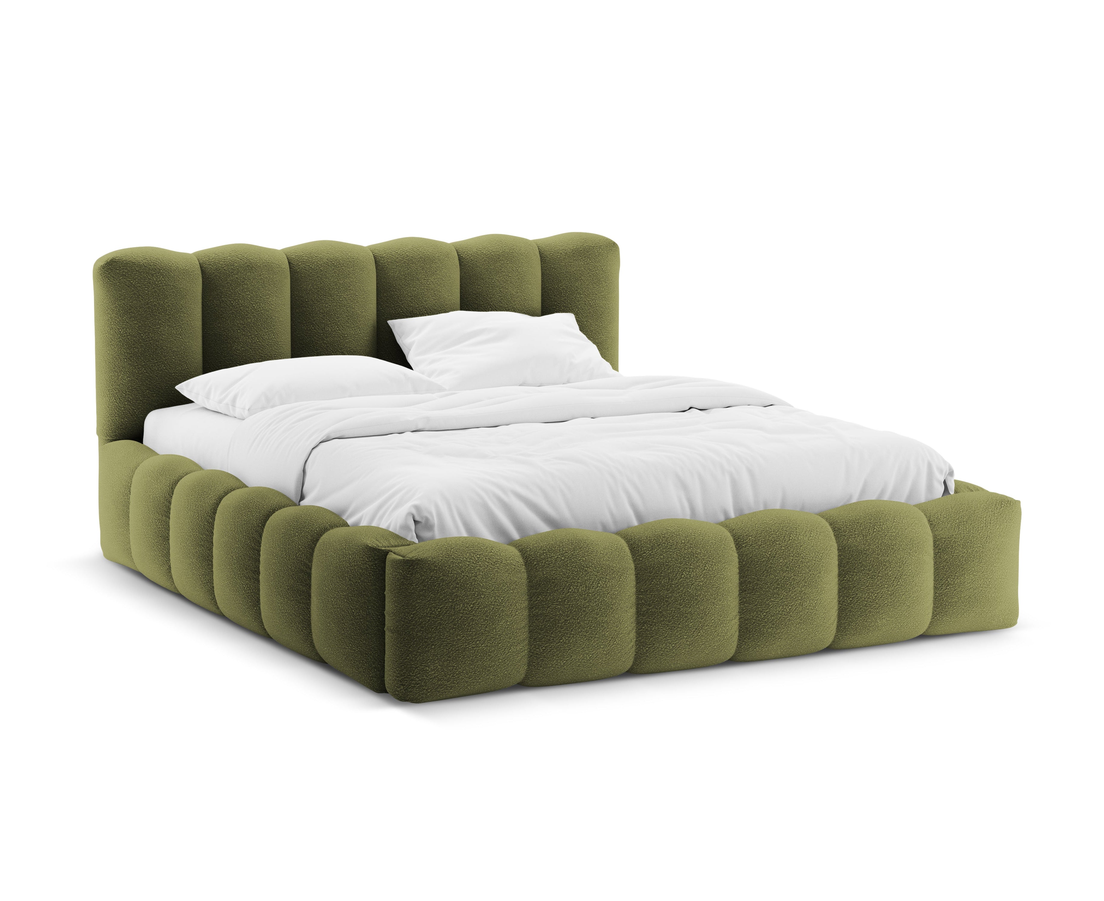 Bed met opbergruimte LUPINE olijfgroene boucle