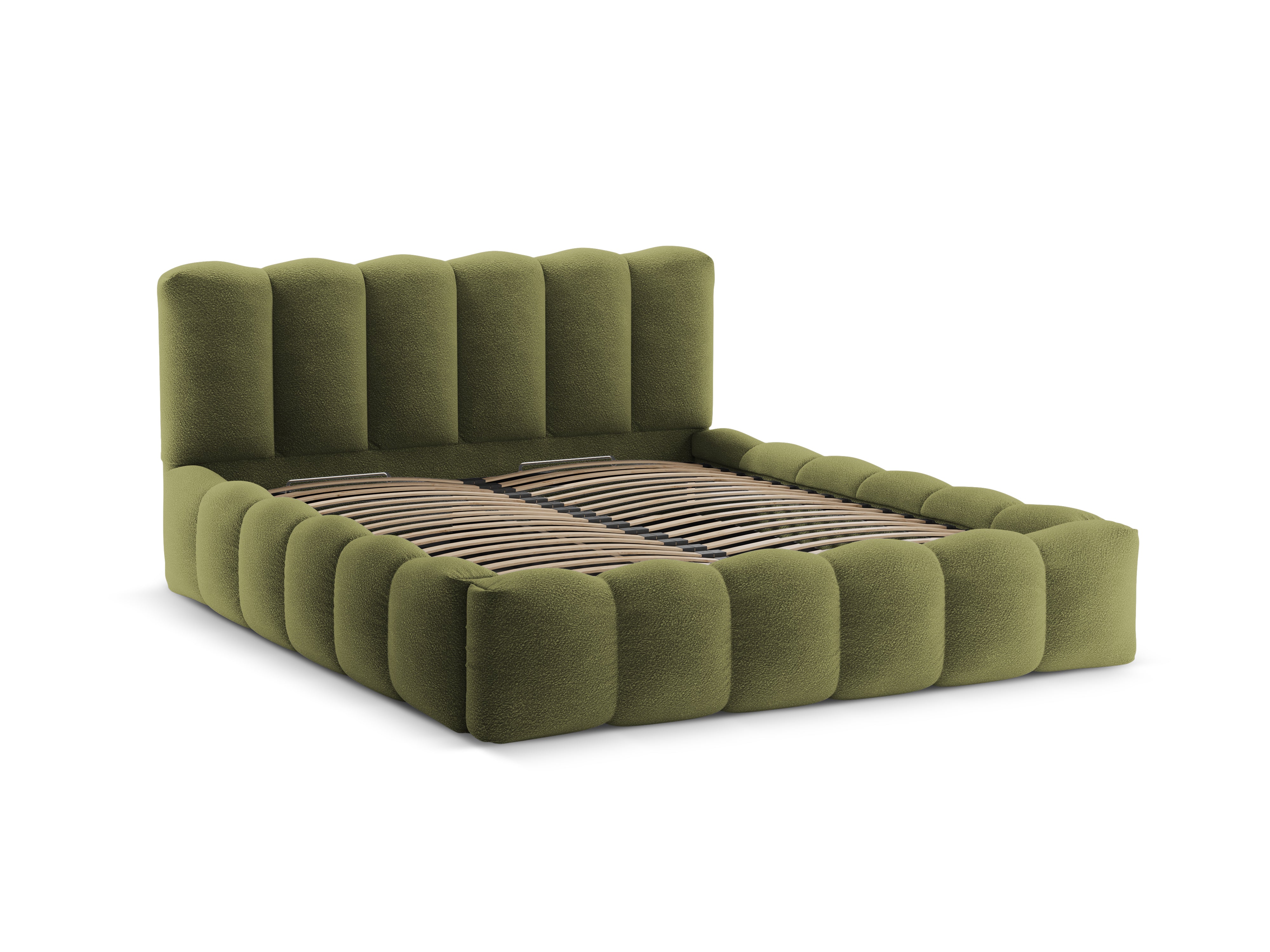 Bed met opbergruimte LUPINE olijfgroene boucle