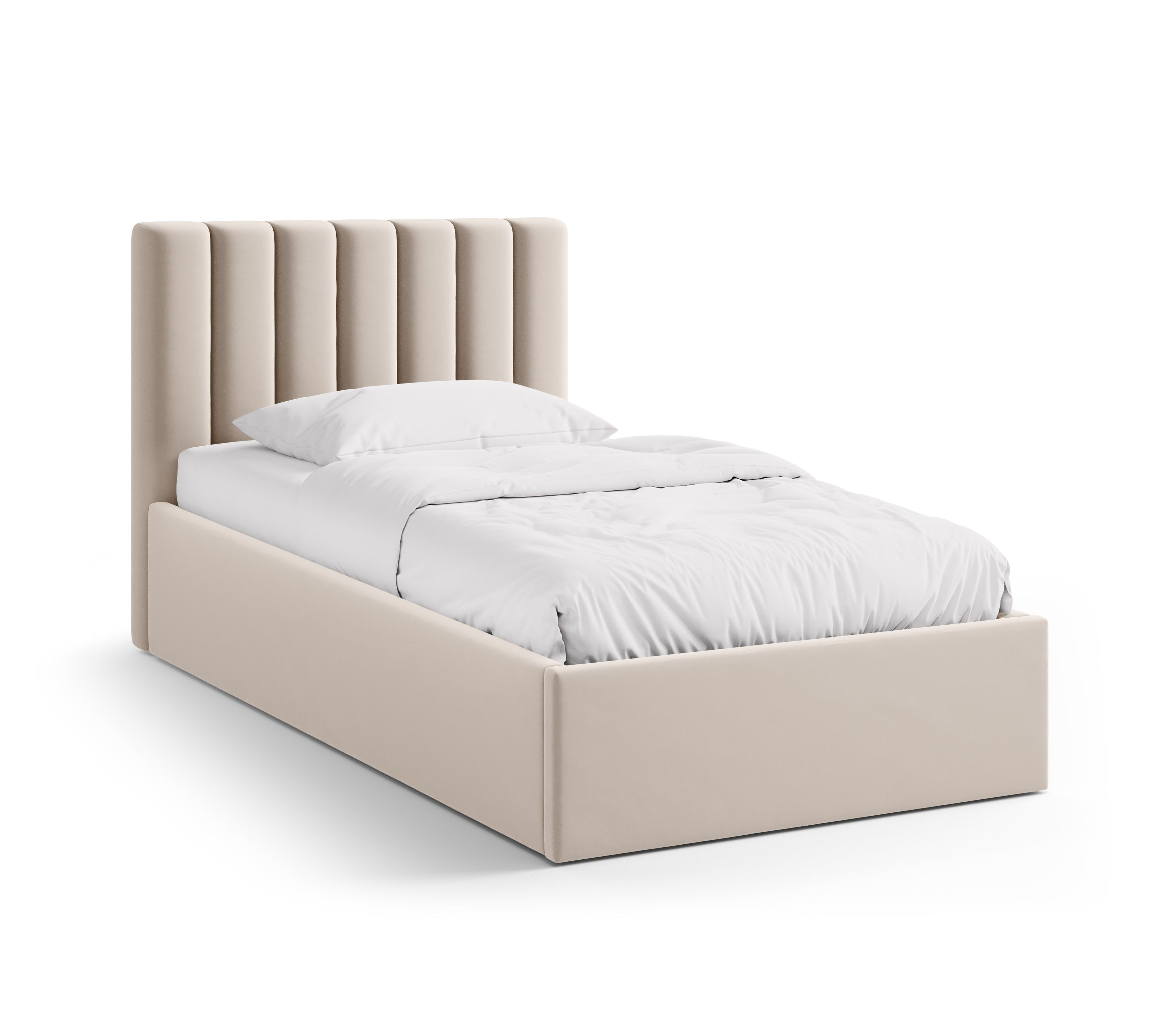 Eenpersoons fluwelen bed met opbergruimte voor beddengoed ALLISON beige
