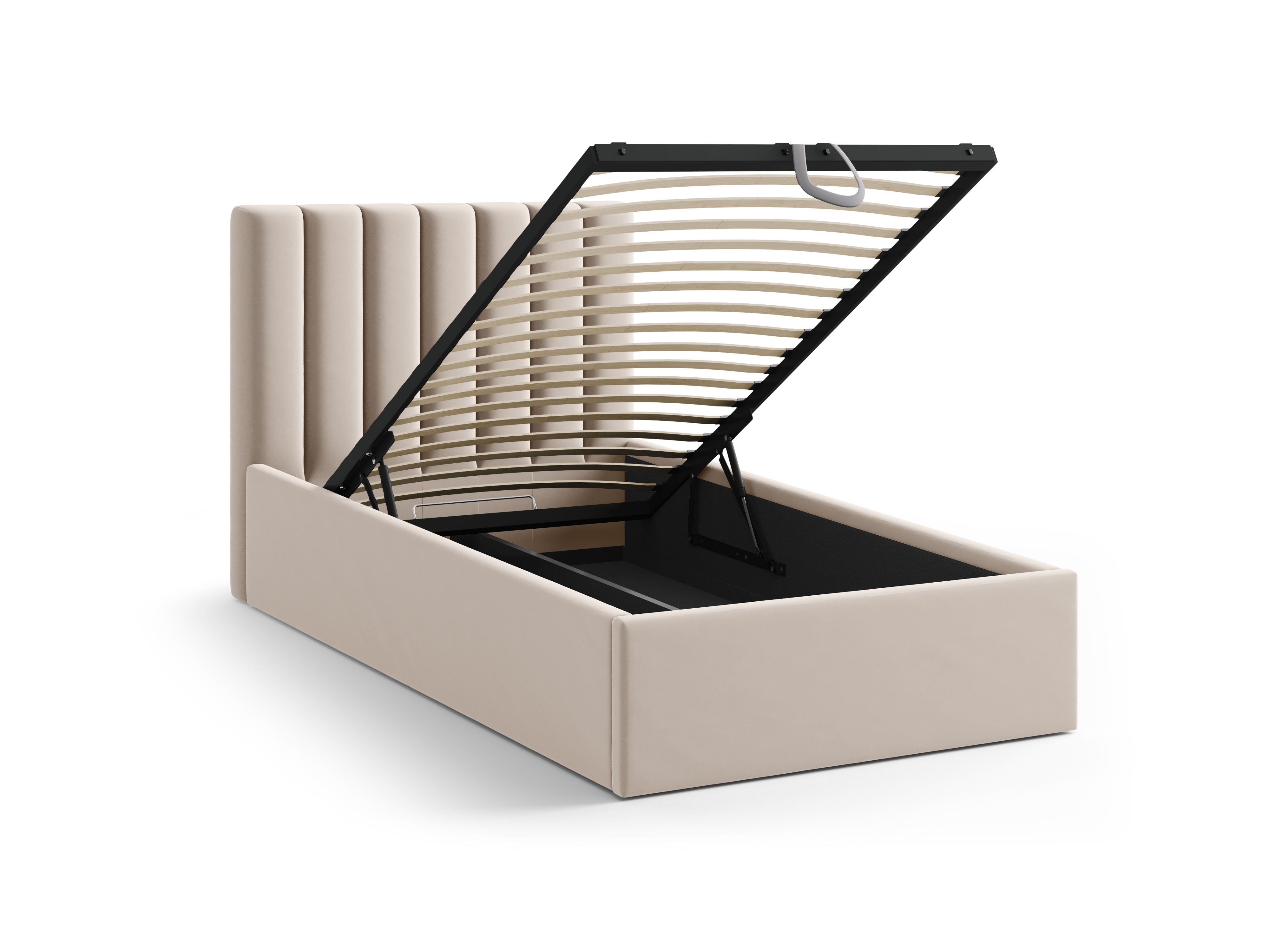 Eenpersoons fluwelen bed met opbergruimte voor beddengoed ALLISON beige