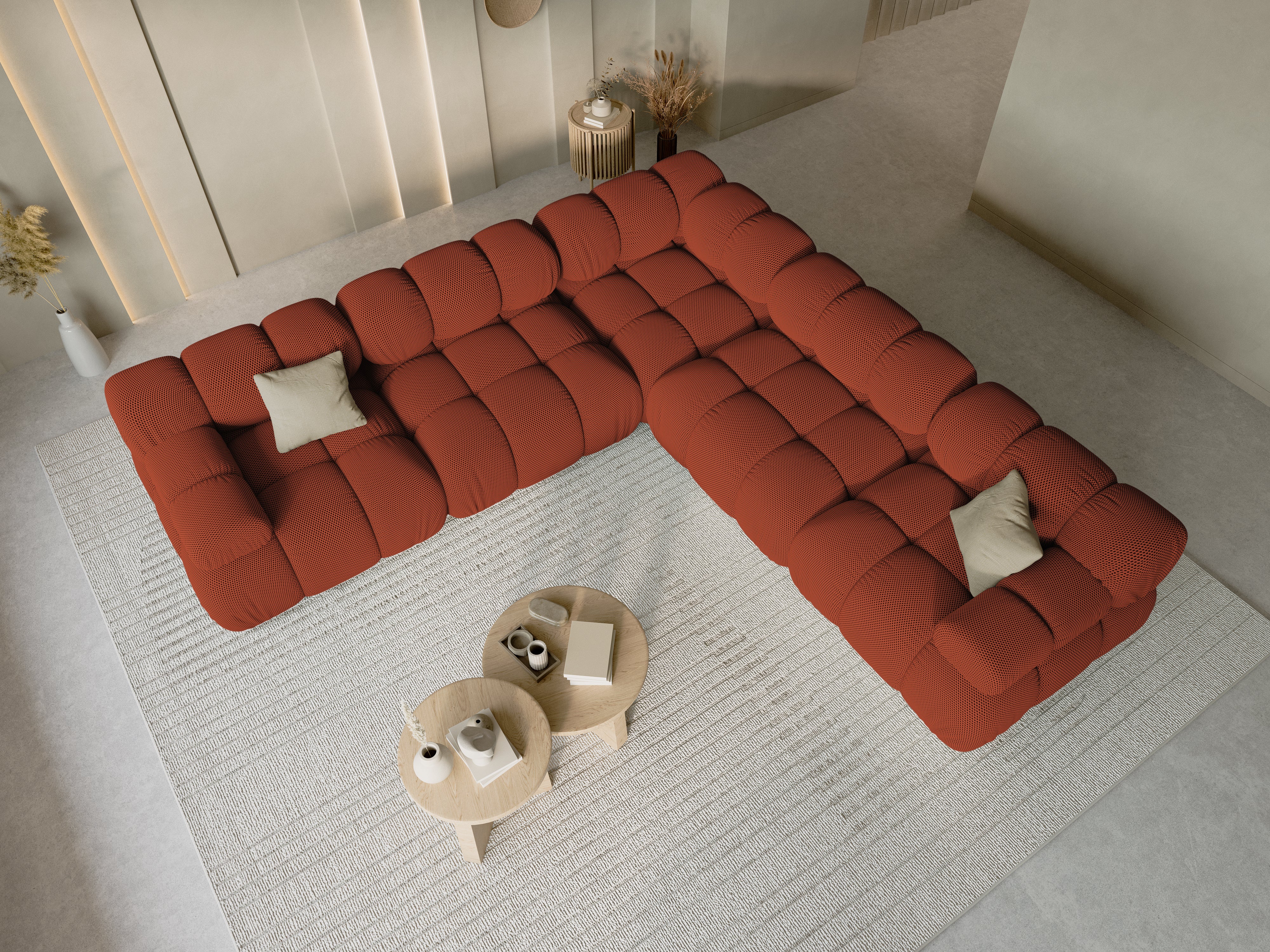 Symmetrische BELLIS hoekbank in baksteen kleur 3D stof