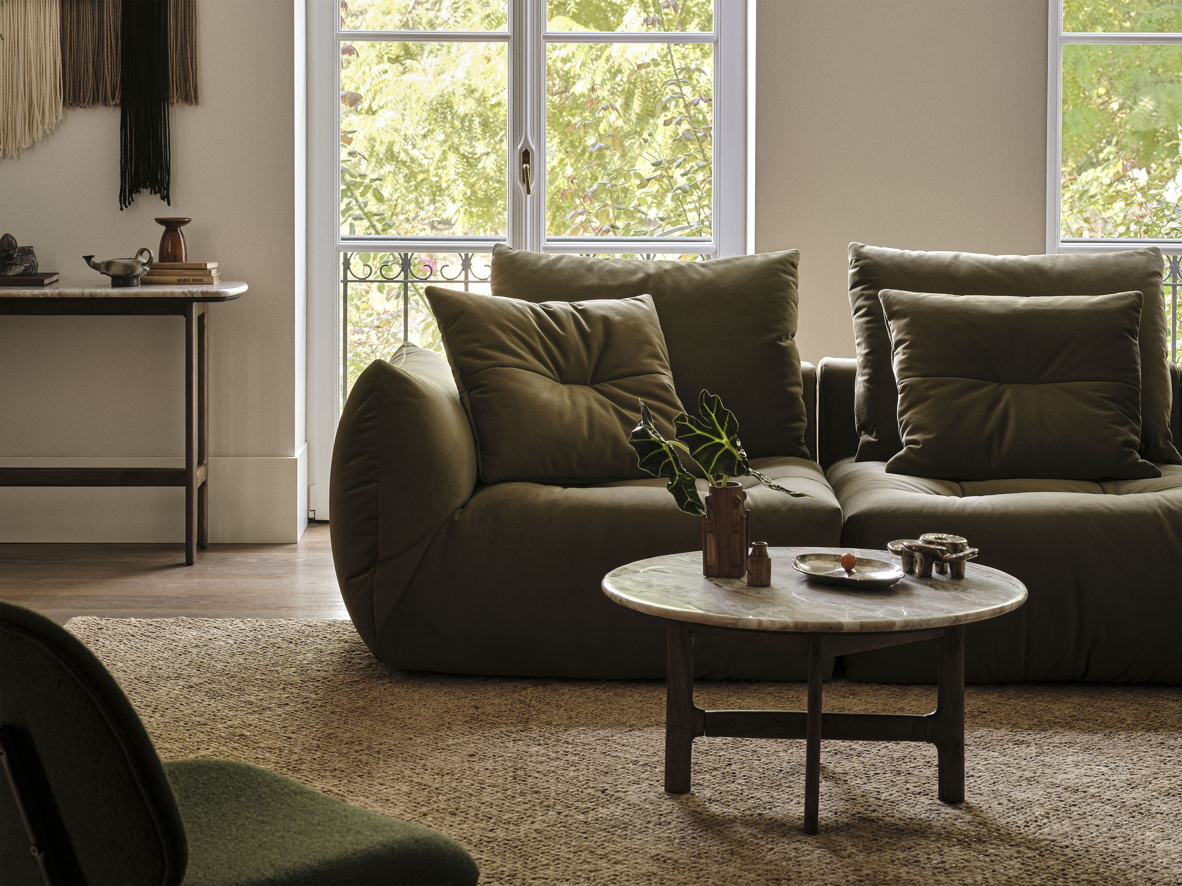 Modulares Samtsofa BLOOM - linkes Element in Hellblau