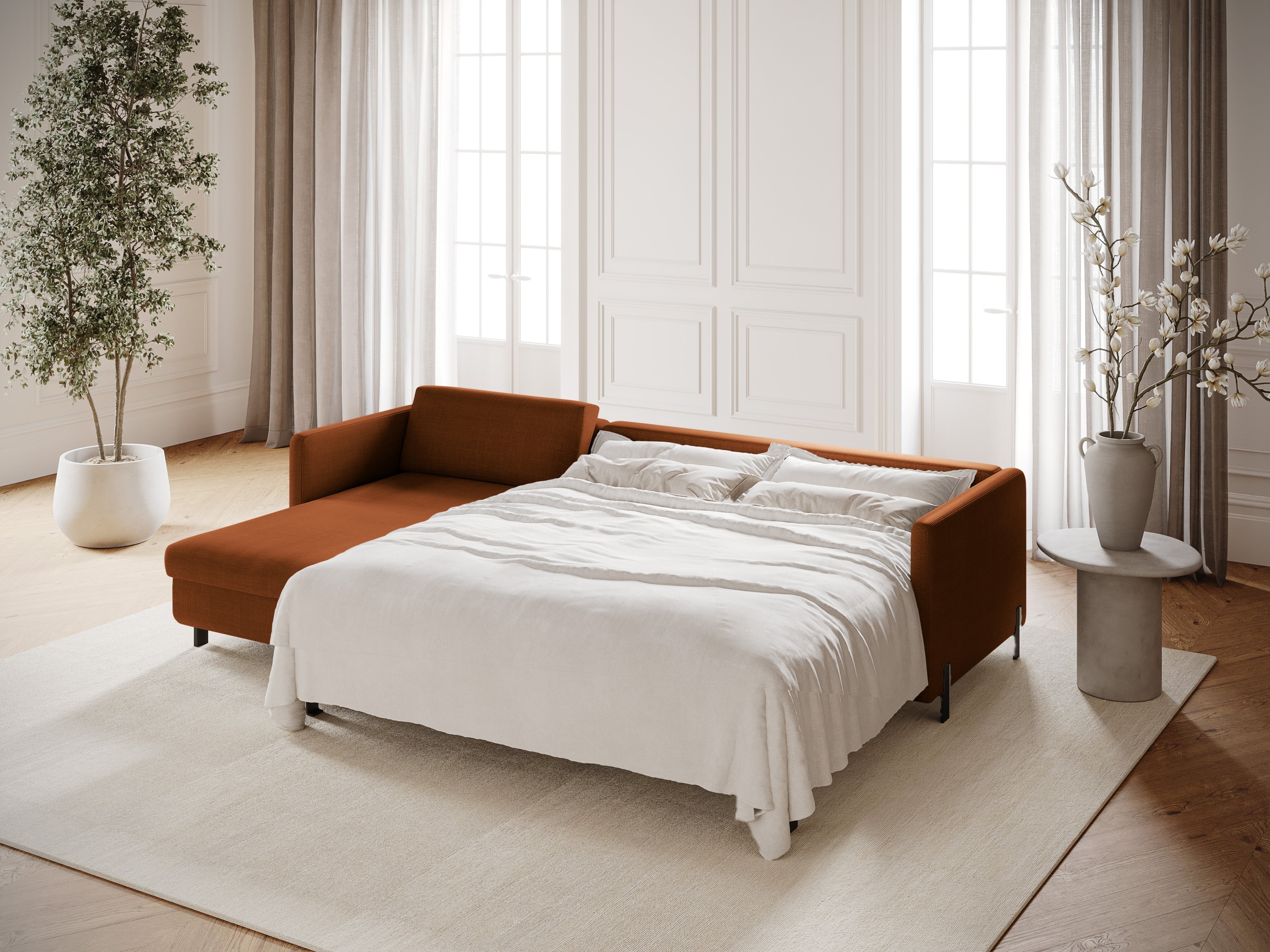 Links hoekbank met slaapfunctie GLORIA baksteen chenille