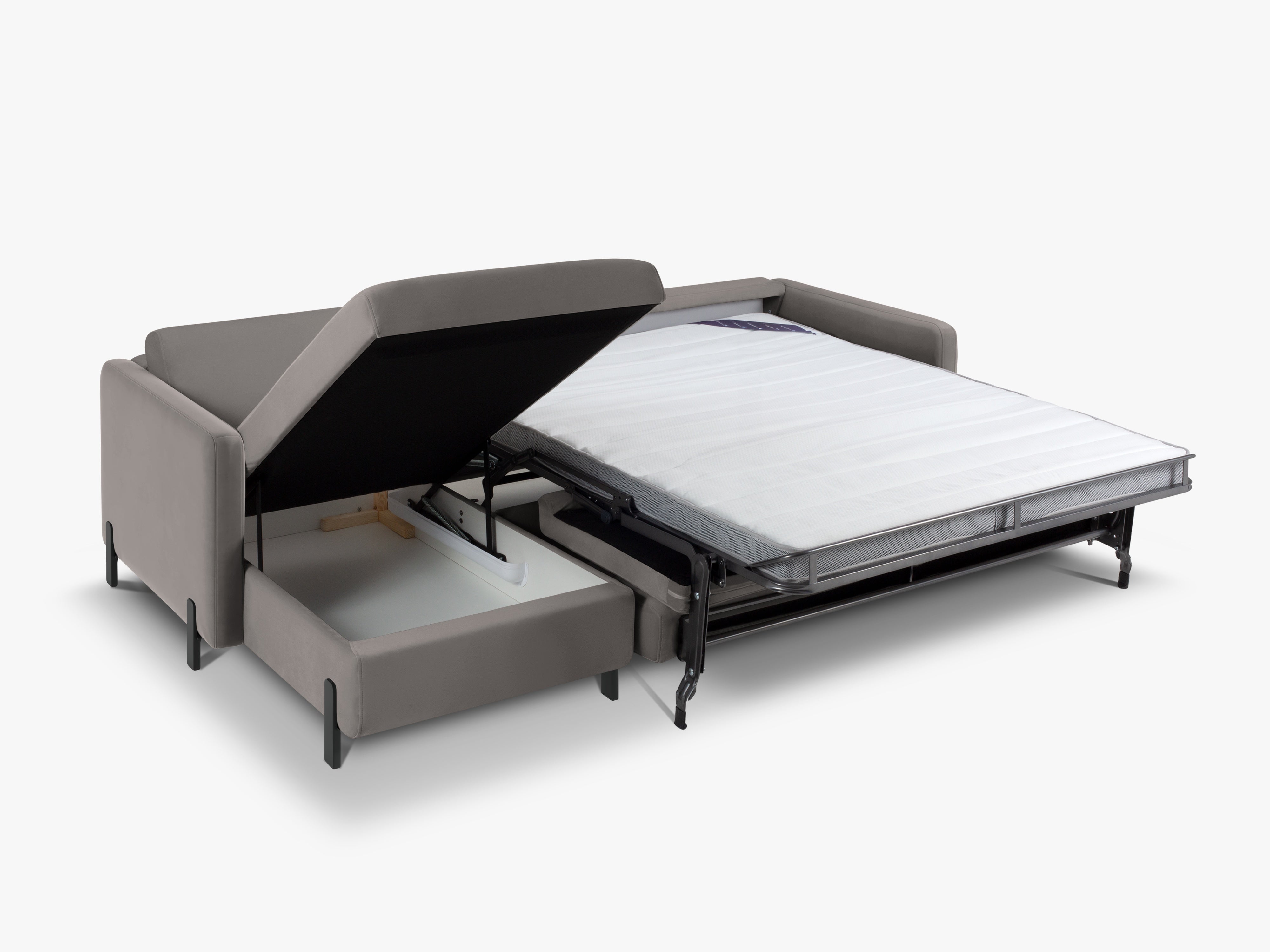 Grijze linkszijdige fluwelen hoekbank met slaapfunctie GLORIA