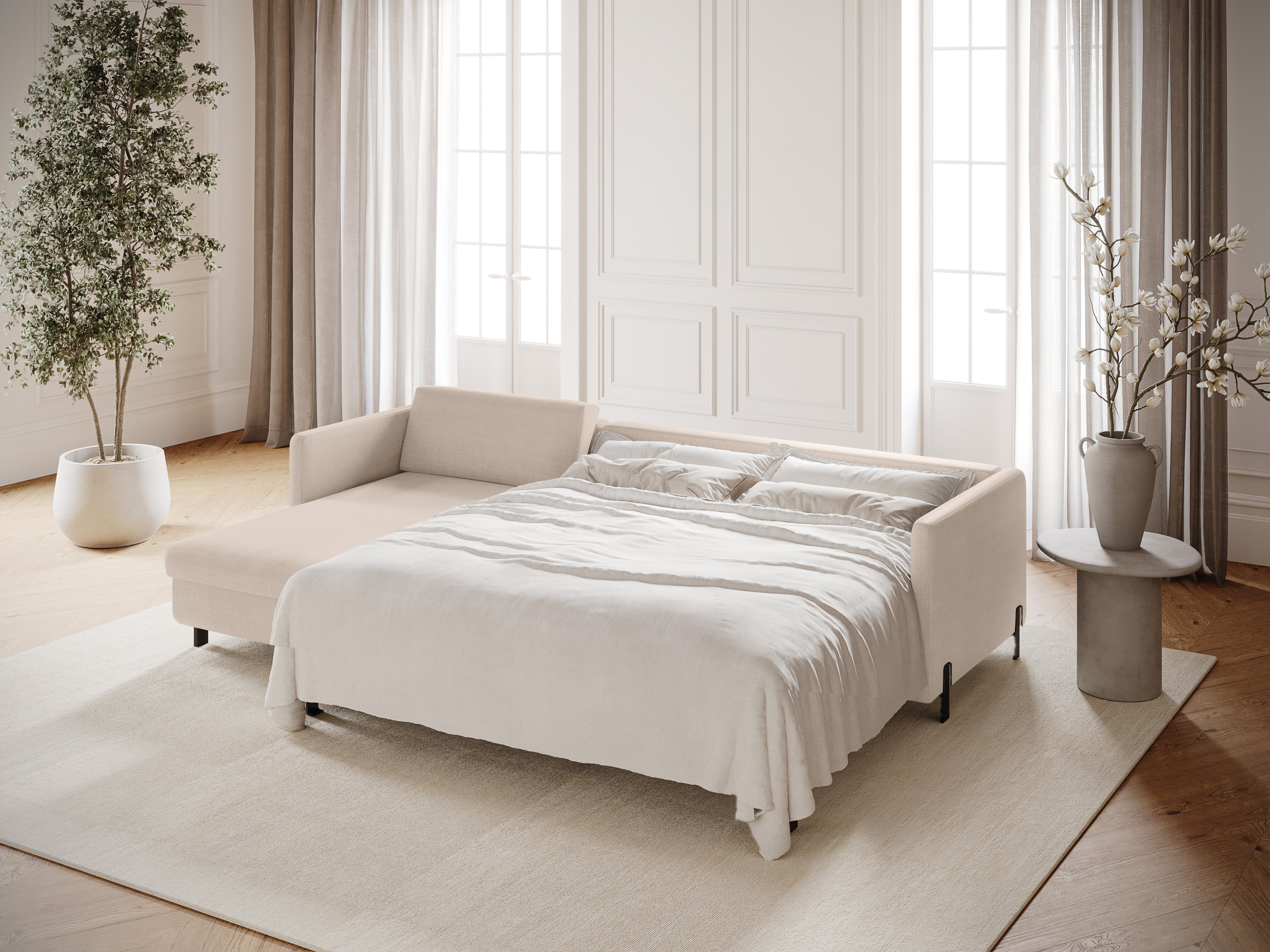 Left-sided corner sofa for 4 people with sleeping function GLORIA beige chenille